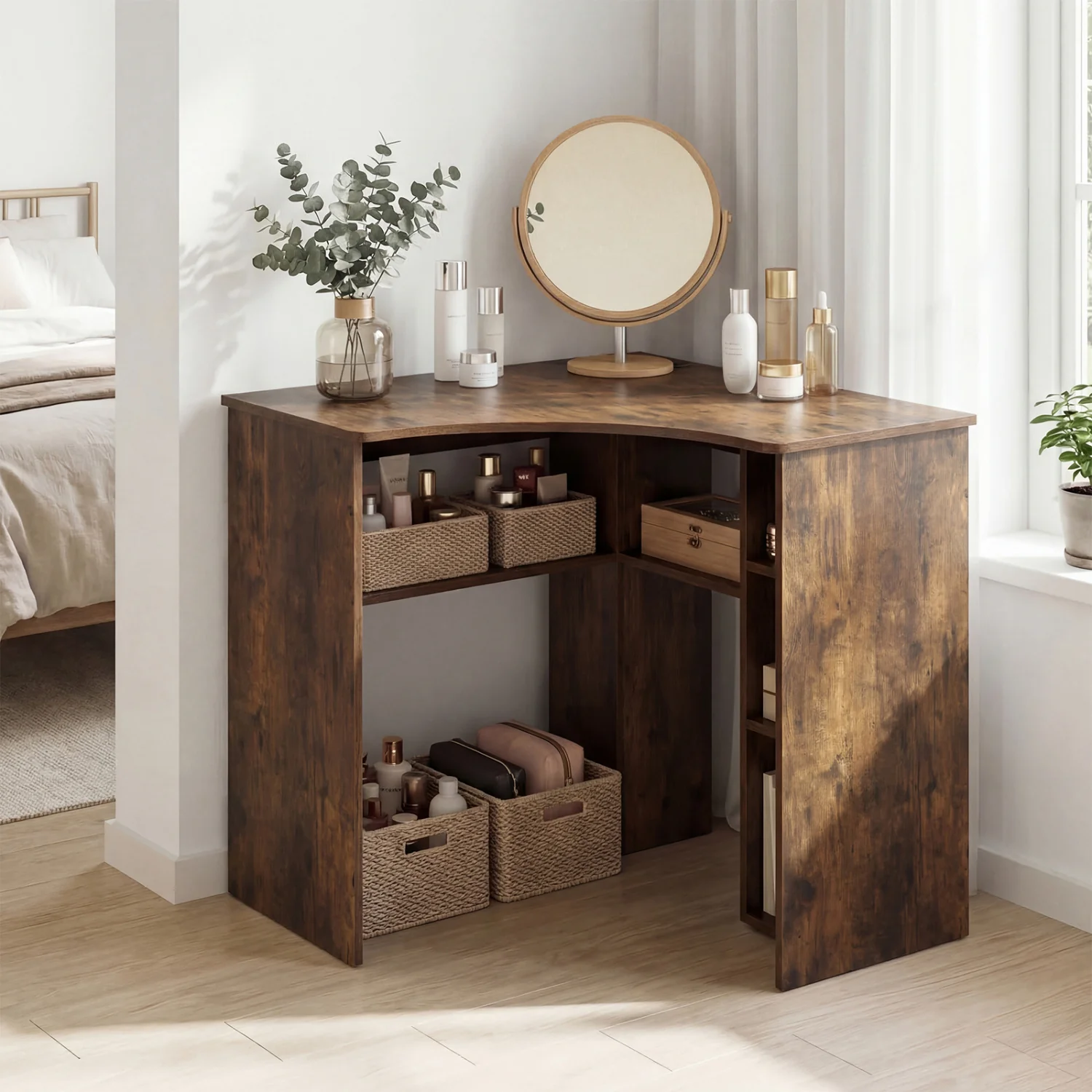 Corner Computer Desk with Adjustable Shelf, Brown - Image 2