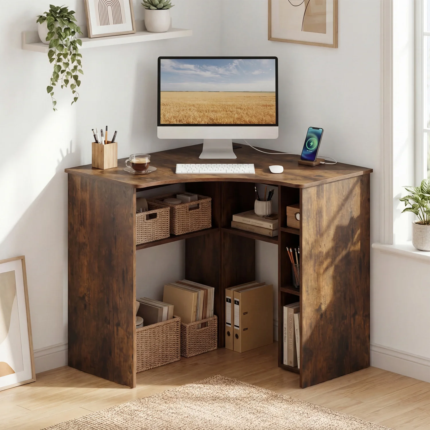 Corner Computer Desk with Adjustable Shelf, Brown - Image 3