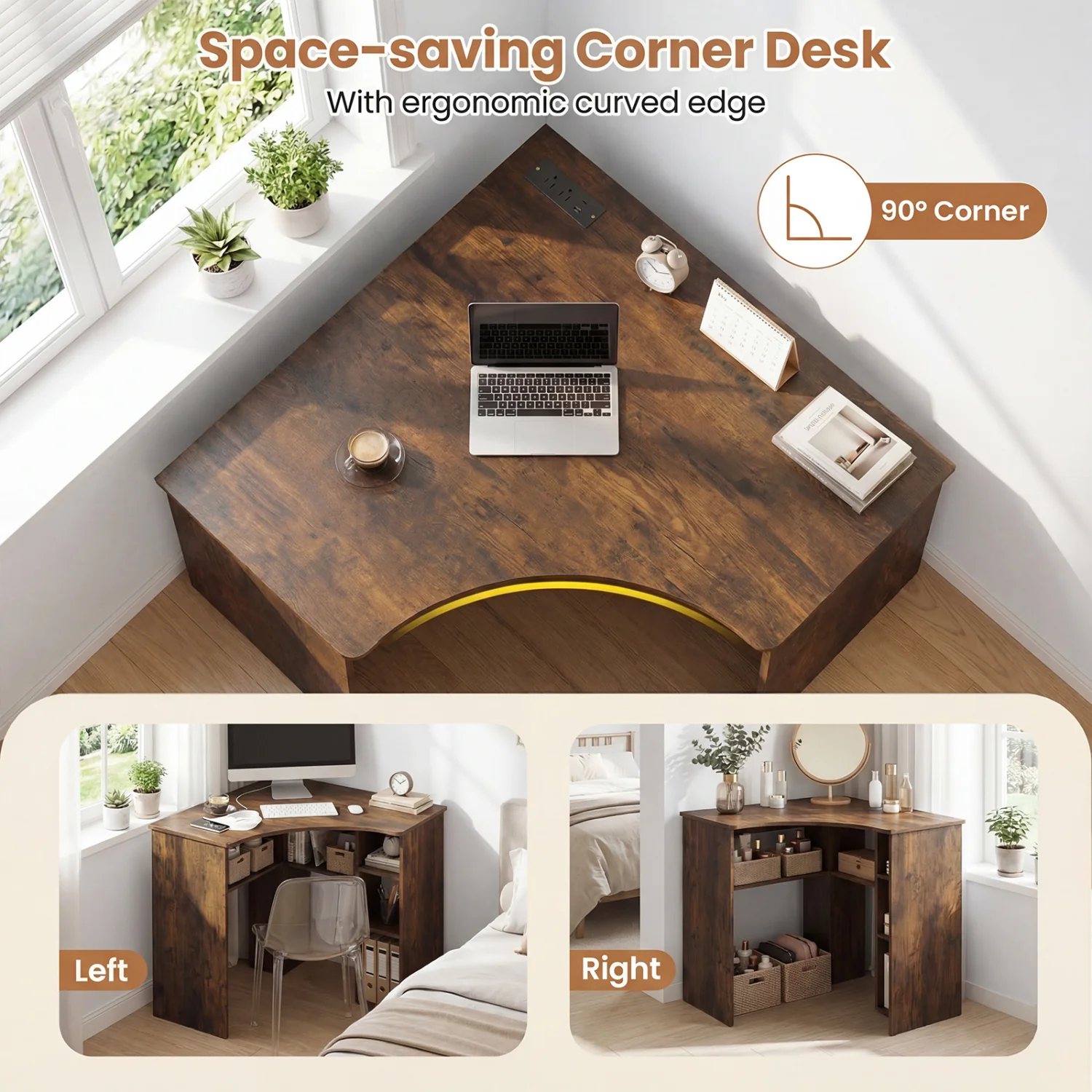 Corner Computer Desk with Adjustable Shelf, Brown - Image 7