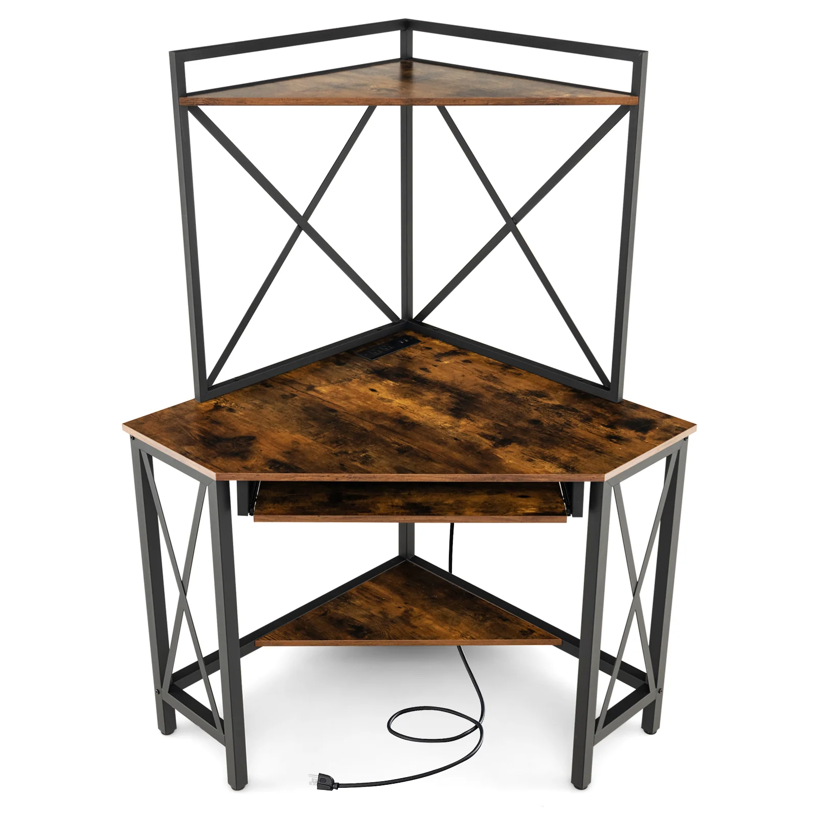 Corner Computer Desk With Hutch And Keyboard Tray, Brown