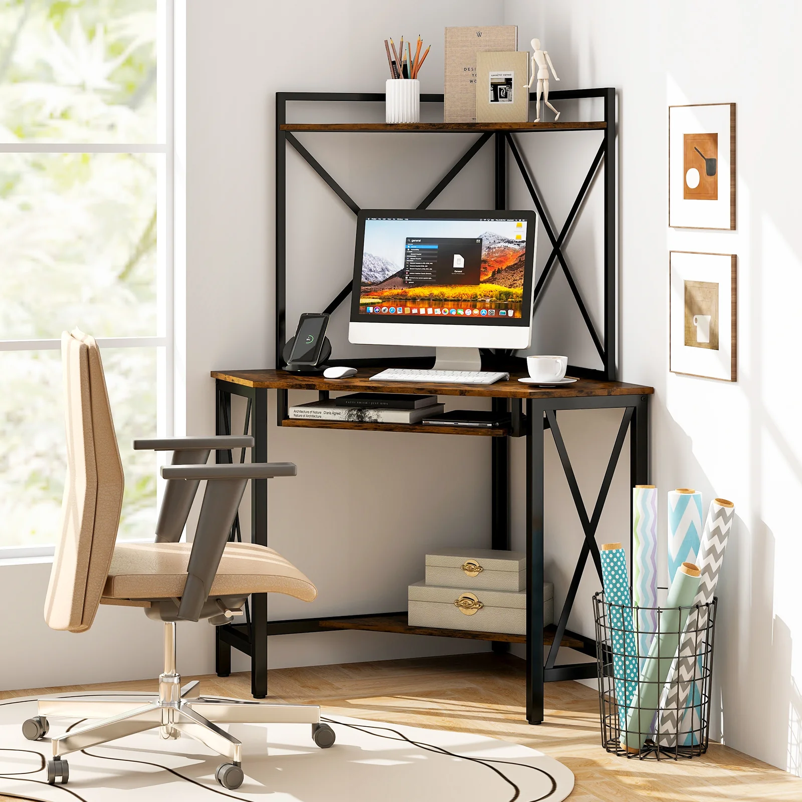 Corner Computer Desk With Hutch And Keyboard Tray, Brown - Image 2