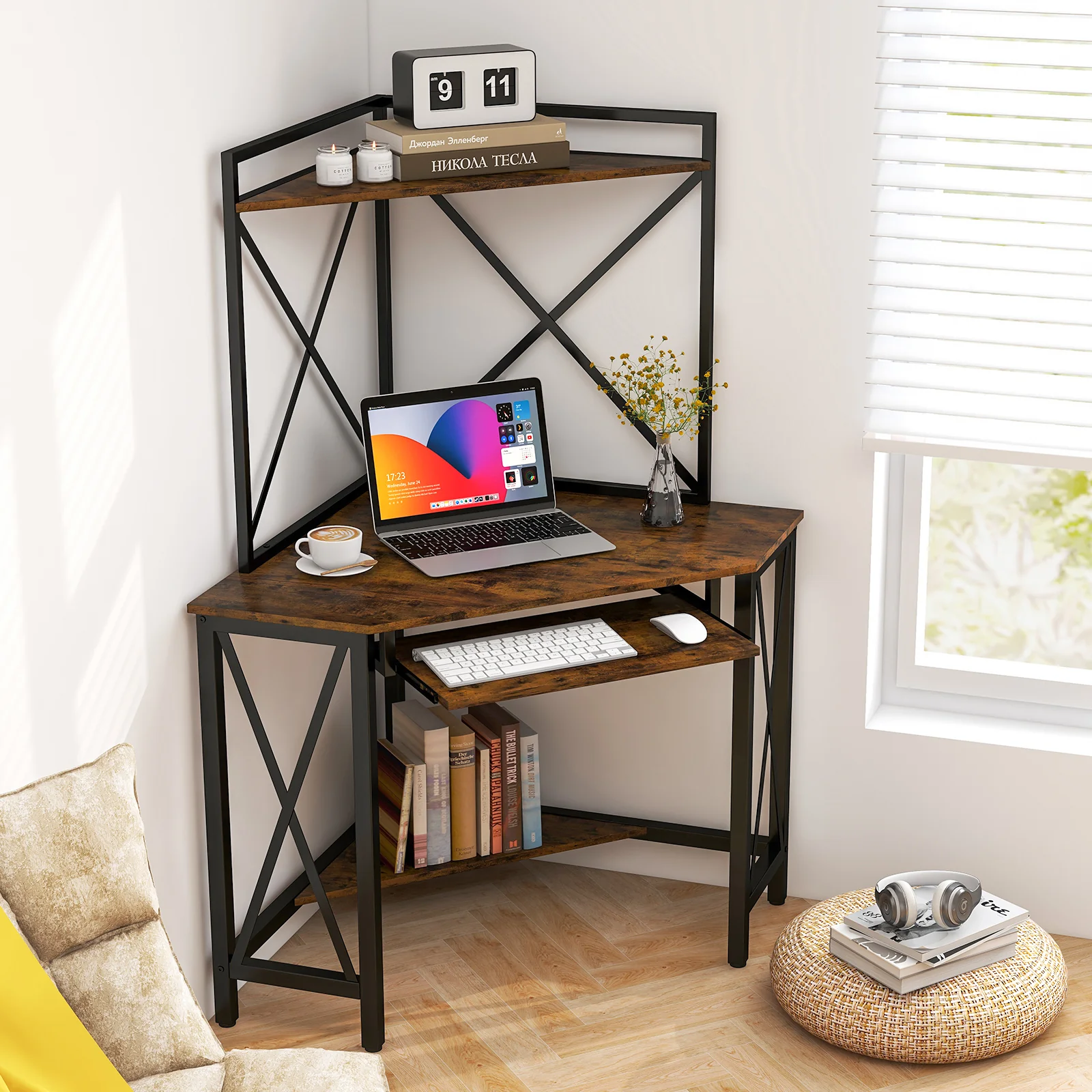 Corner Computer Desk With Hutch And Keyboard Tray, Brown - Image 3