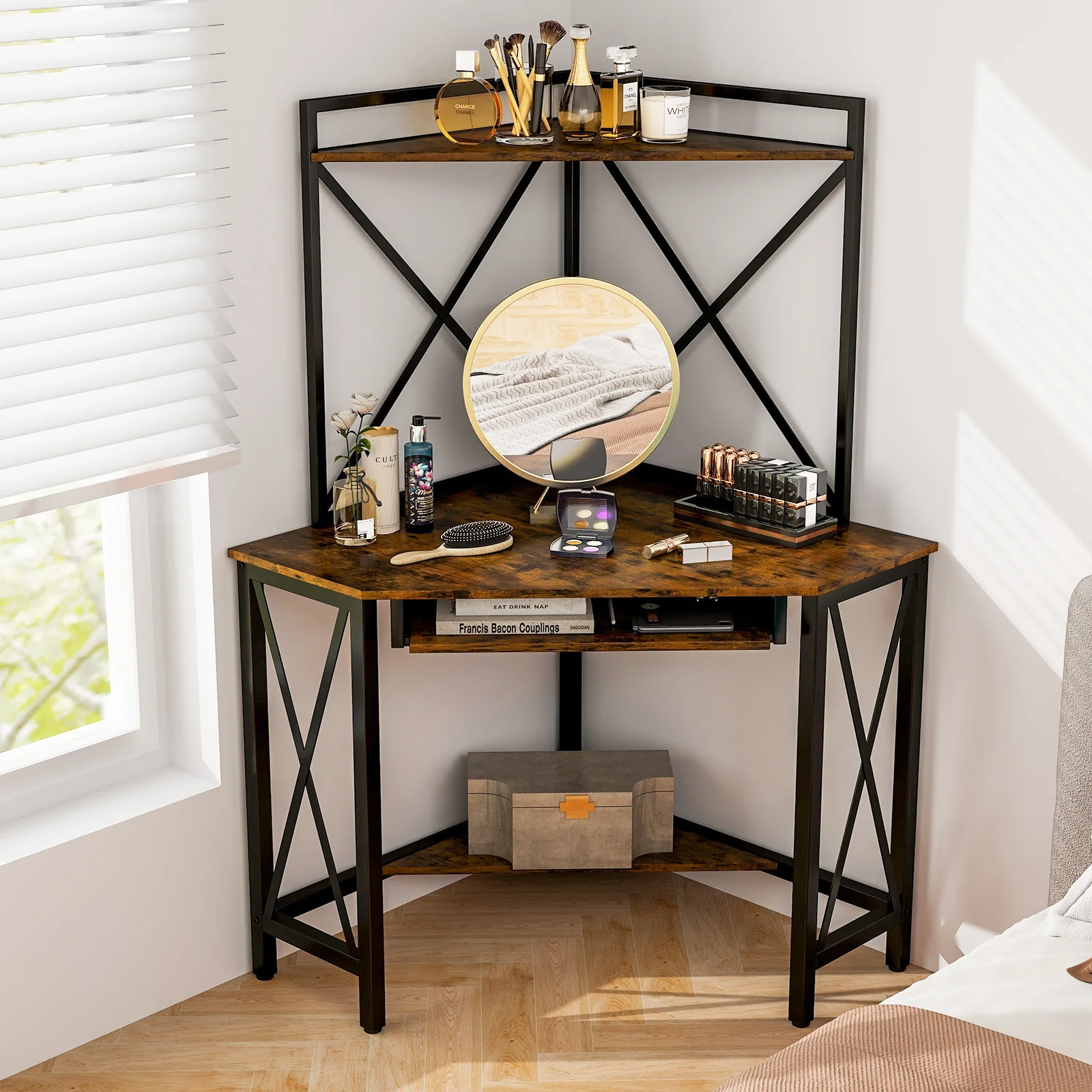 Corner Computer Desk With Hutch And Keyboard Tray, Brown - Image 4