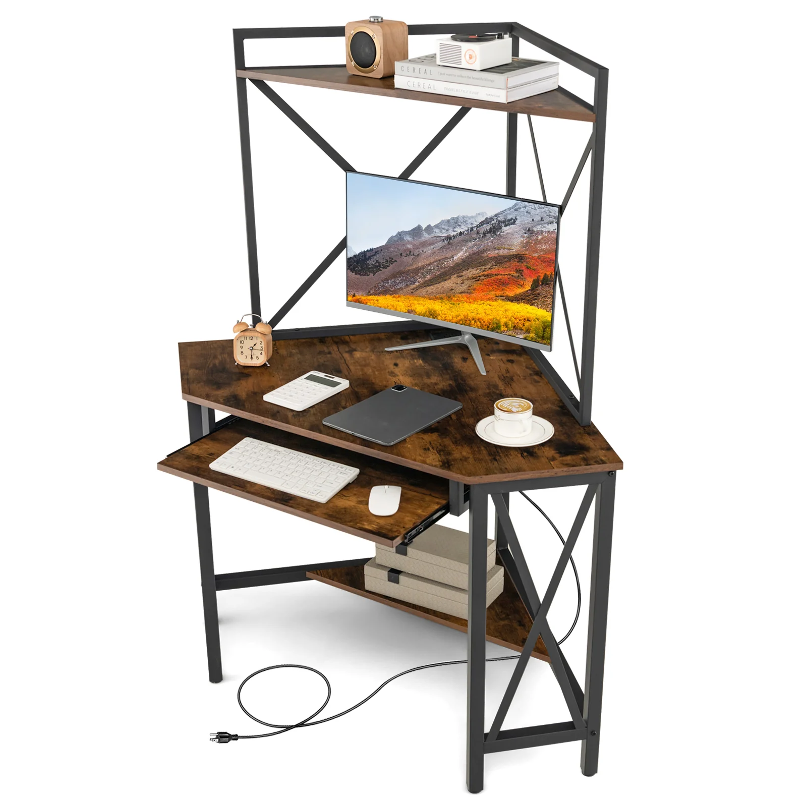 Corner Computer Desk With Hutch And Keyboard Tray, Brown - Image 6