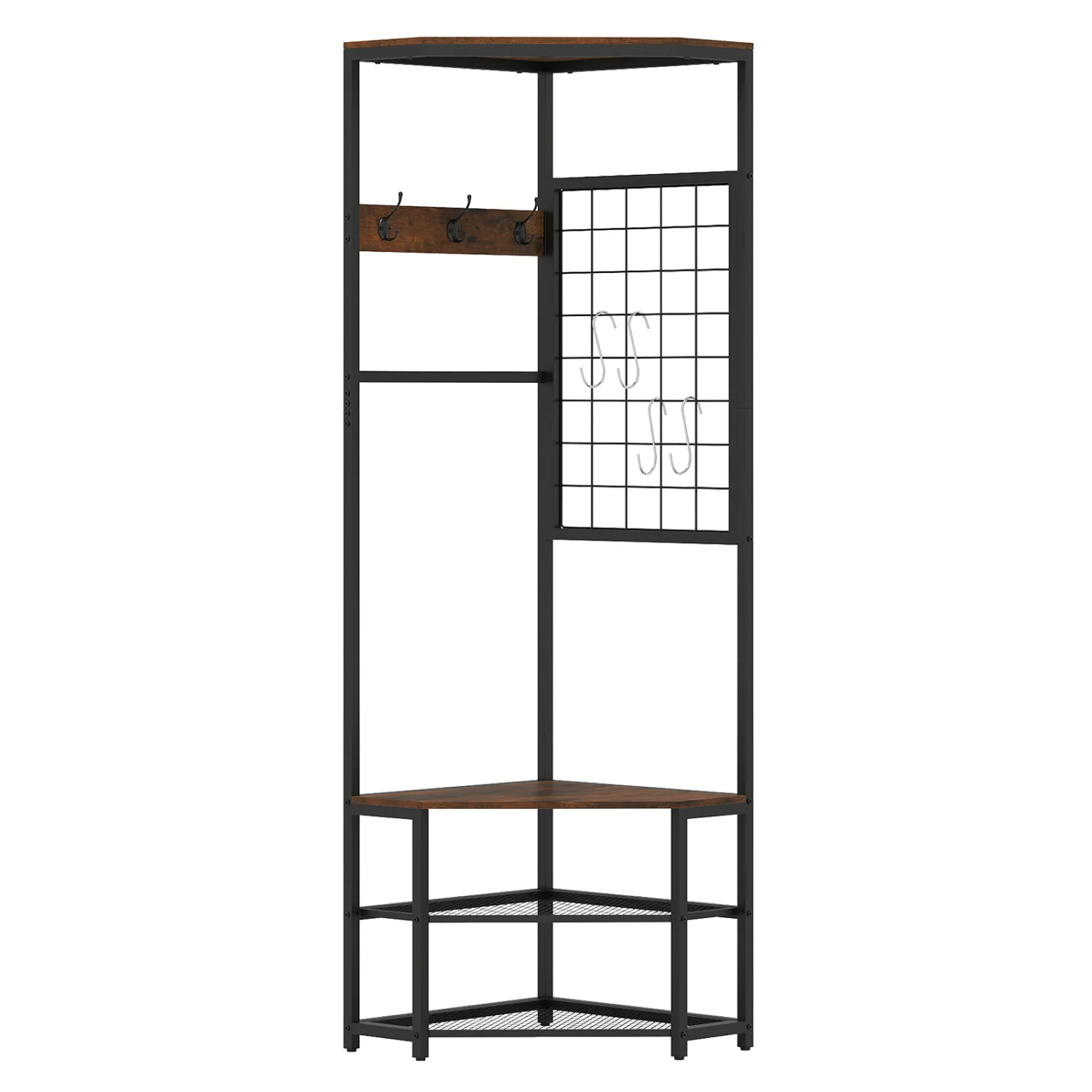 Corner Hall Tree Freestanding Coat Rack with Storage Shelves Removable Hooks, Brown
