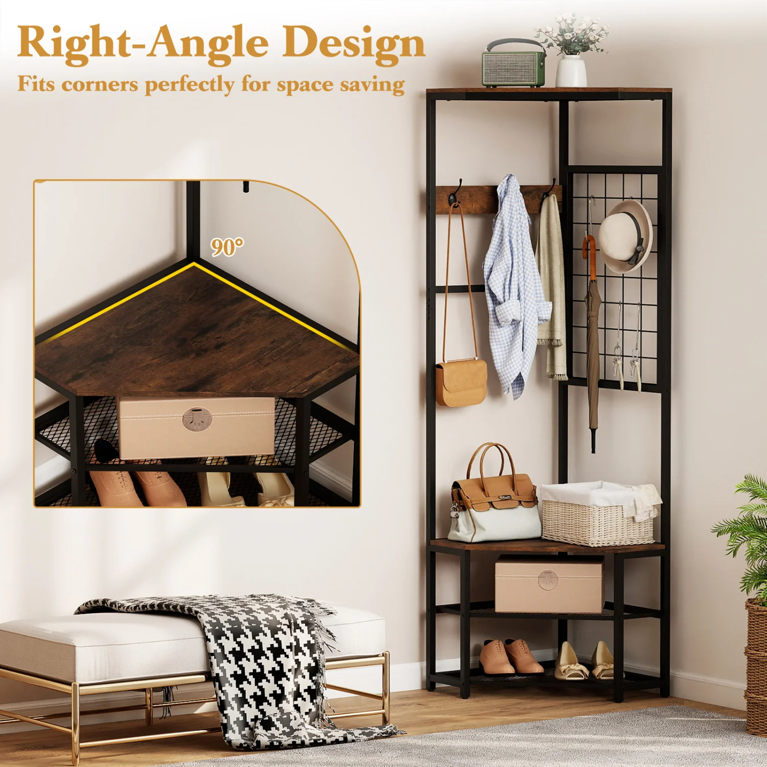 Corner Hall Tree Freestanding Coat Rack with Storage Shelves Removable Hooks, Brown - Image 10