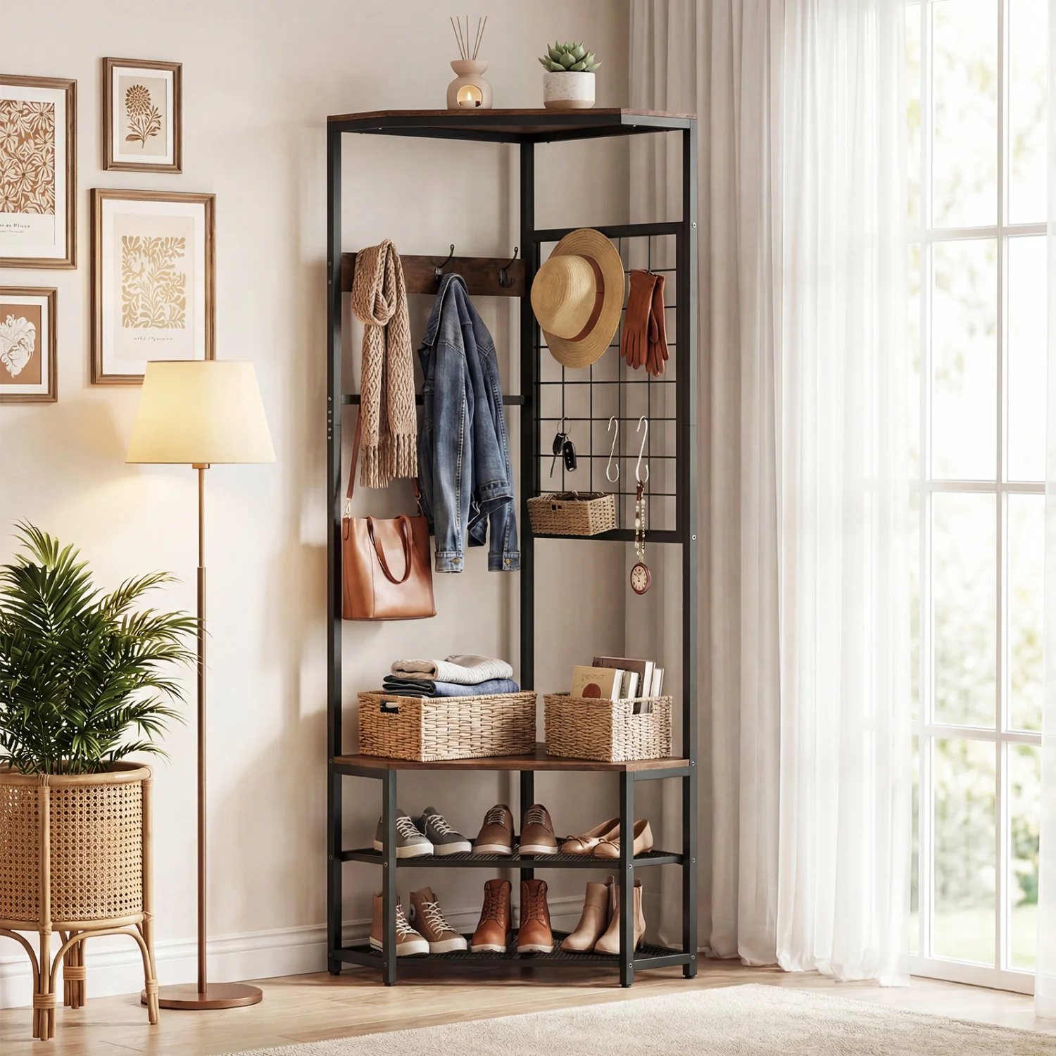 Corner Hall Tree Freestanding Coat Rack with Storage Shelves Removable Hooks, Brown - Image 2