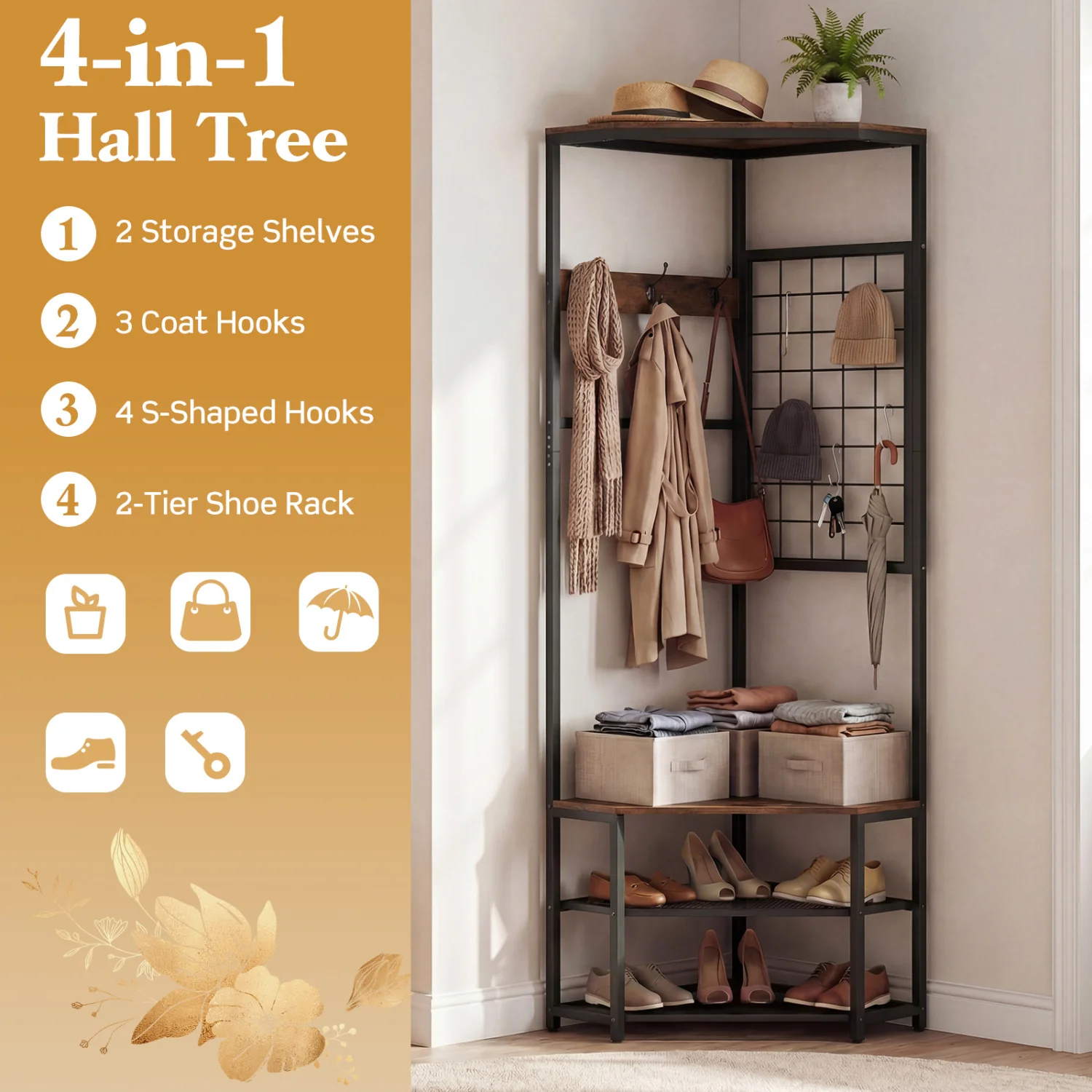 Corner Hall Tree Freestanding Coat Rack with Storage Shelves Removable Hooks, Brown - Image 9