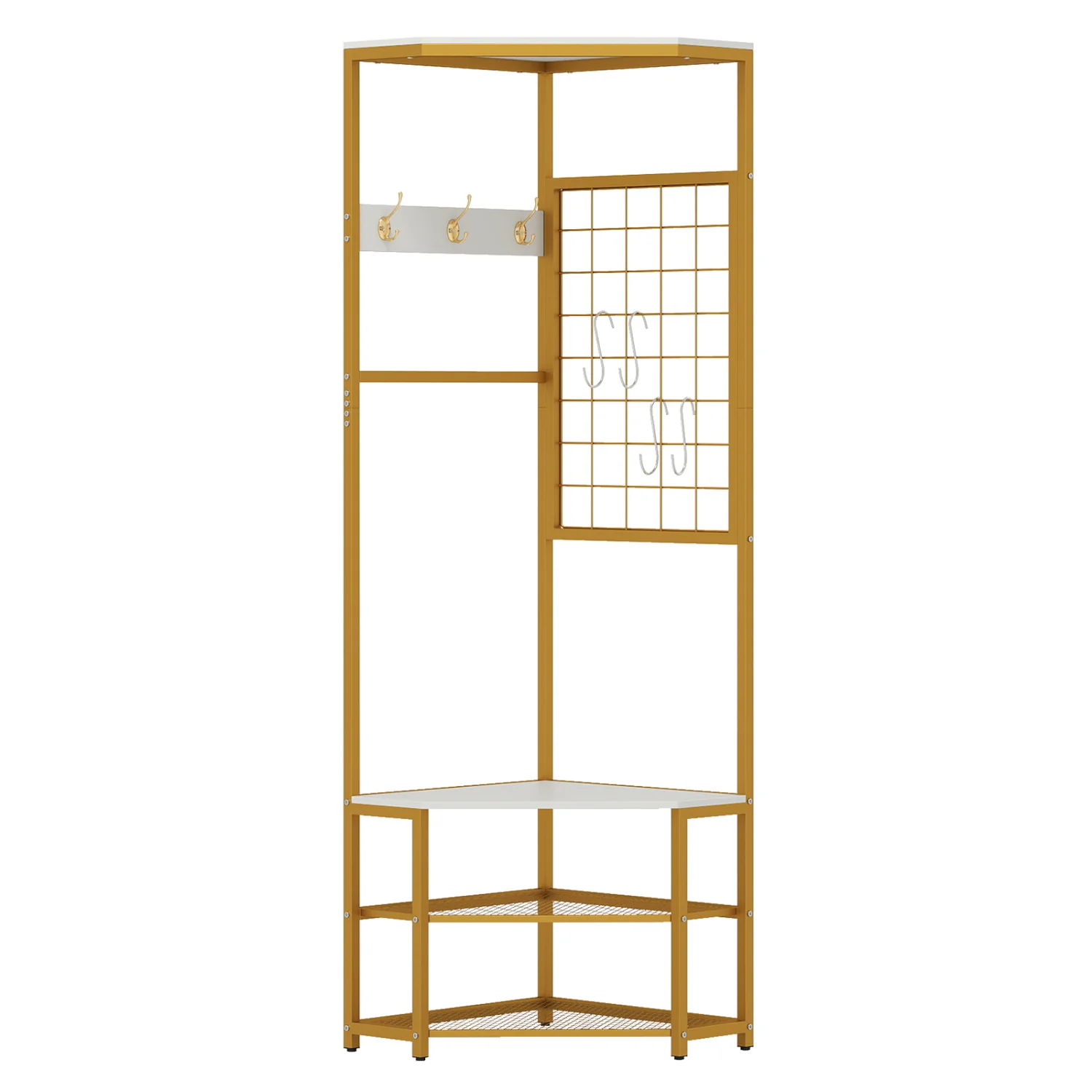 Corner Hall Tree Freestanding Coat Rack with Storage Shelves Removable Hooks, White - Image 4