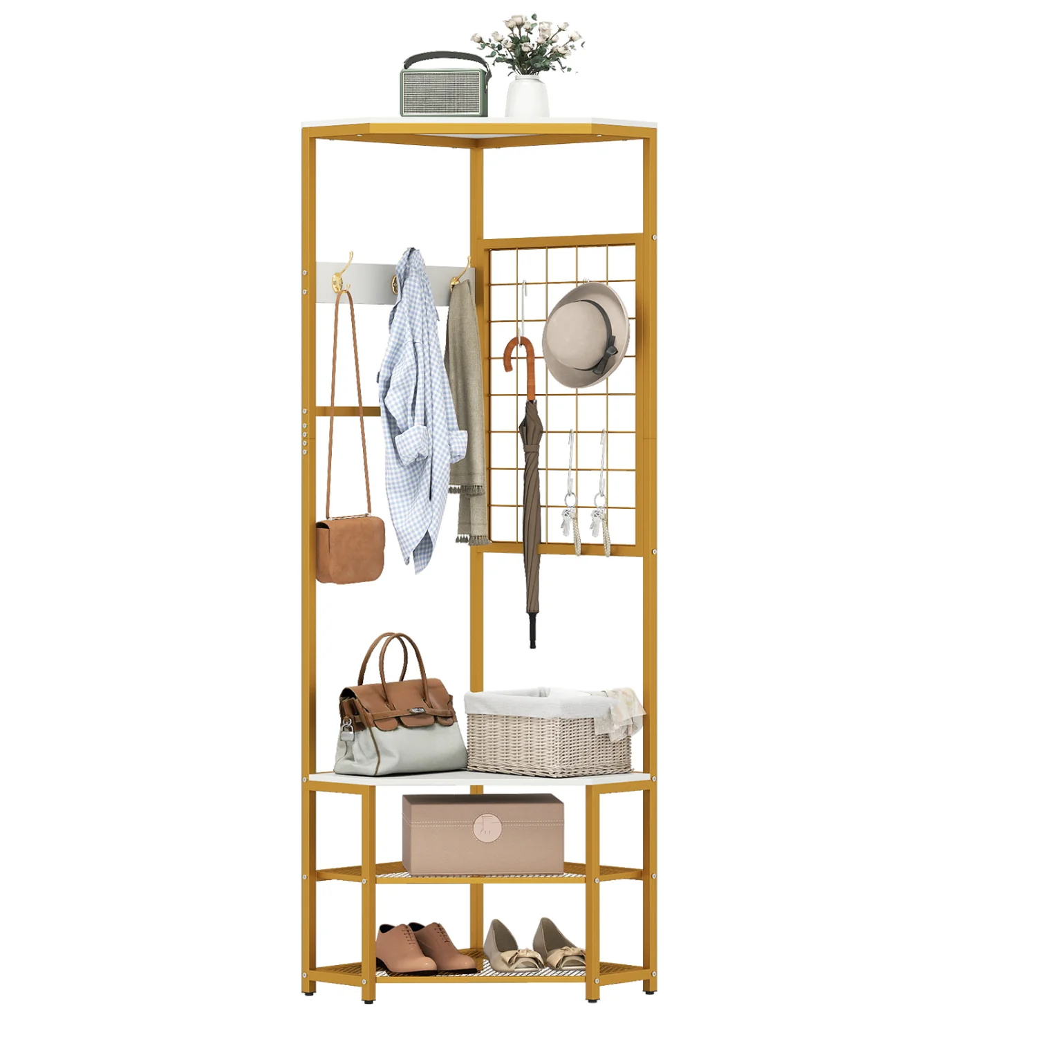 Corner Hall Tree Freestanding Coat Rack with Storage Shelves Removable Hooks, White - Image 5