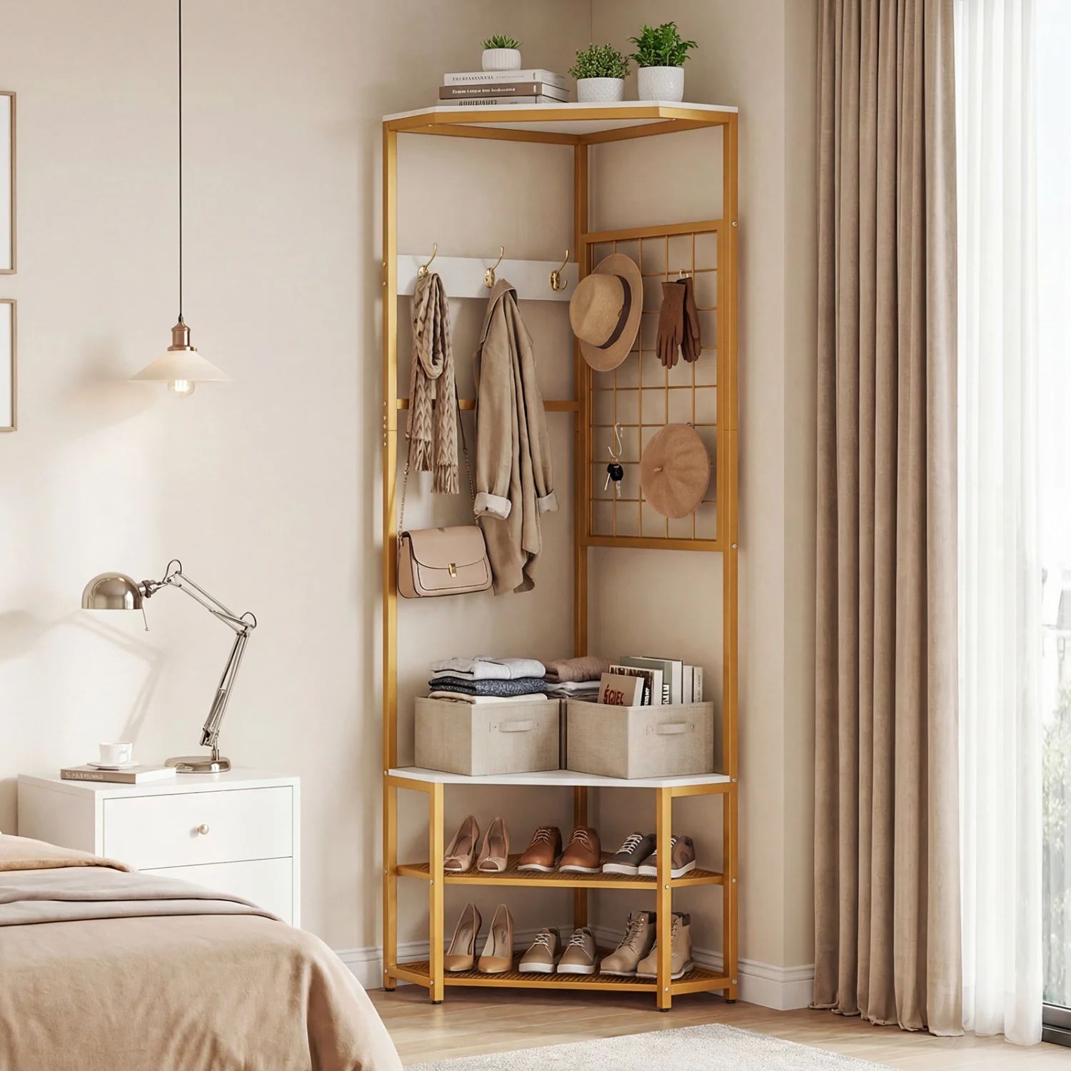 Corner Hall Tree Freestanding Coat Rack with Storage Shelves Removable Hooks, White - Image 7