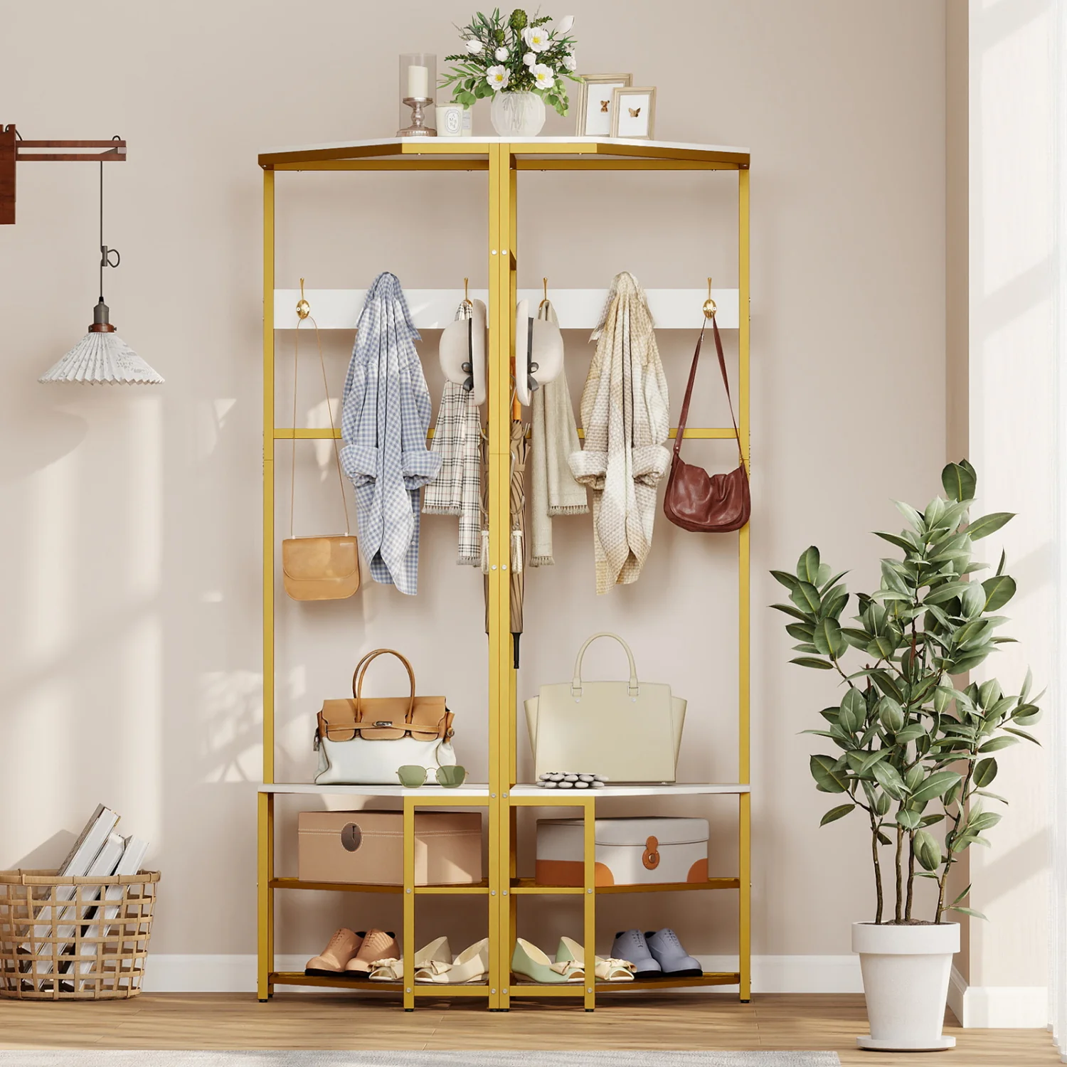 Corner Hall Tree Freestanding Coat Rack with Storage Shelves Removable Hooks, White - Image 8