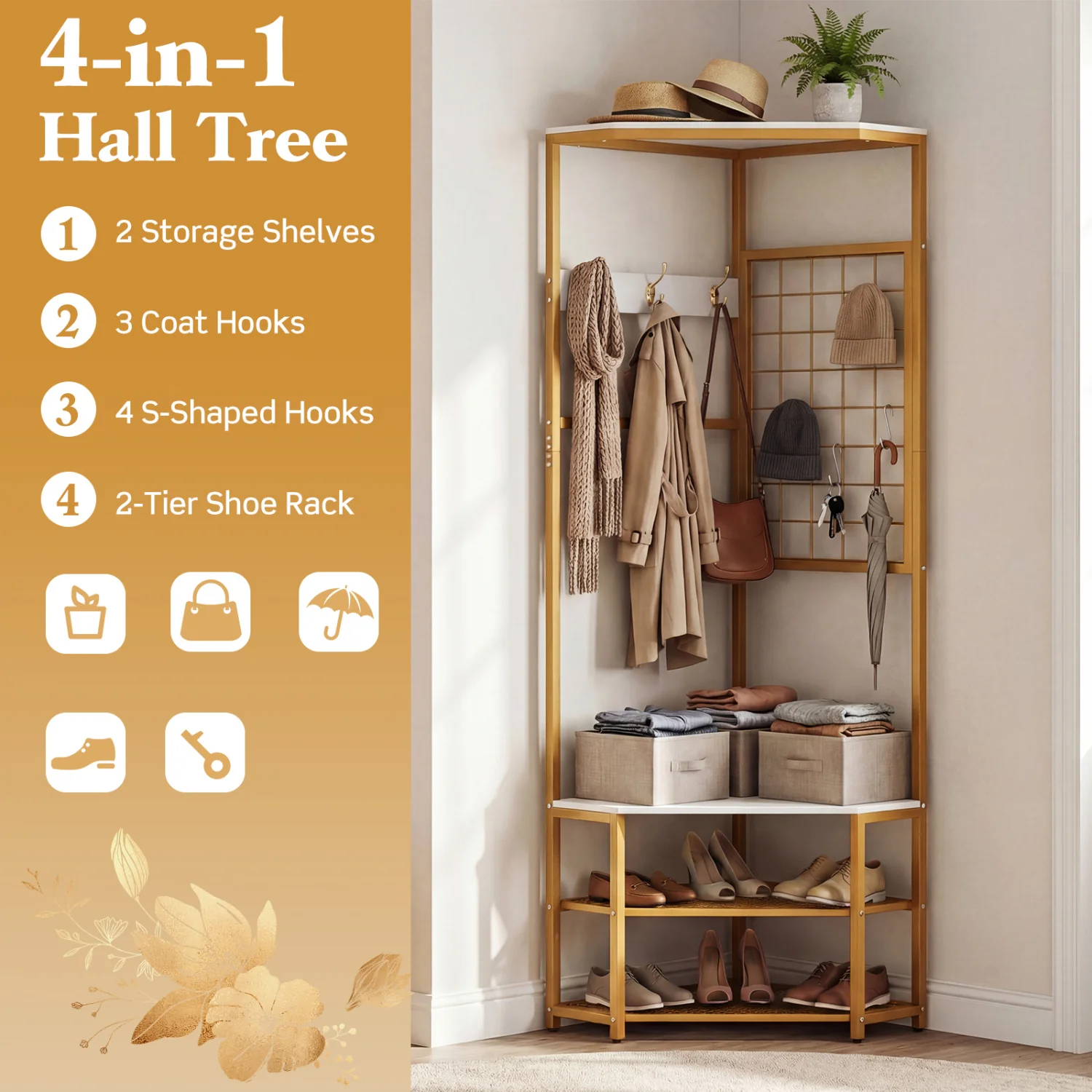 Corner Hall Tree Freestanding Coat Rack with Storage Shelves Removable Hooks, White - Image 9