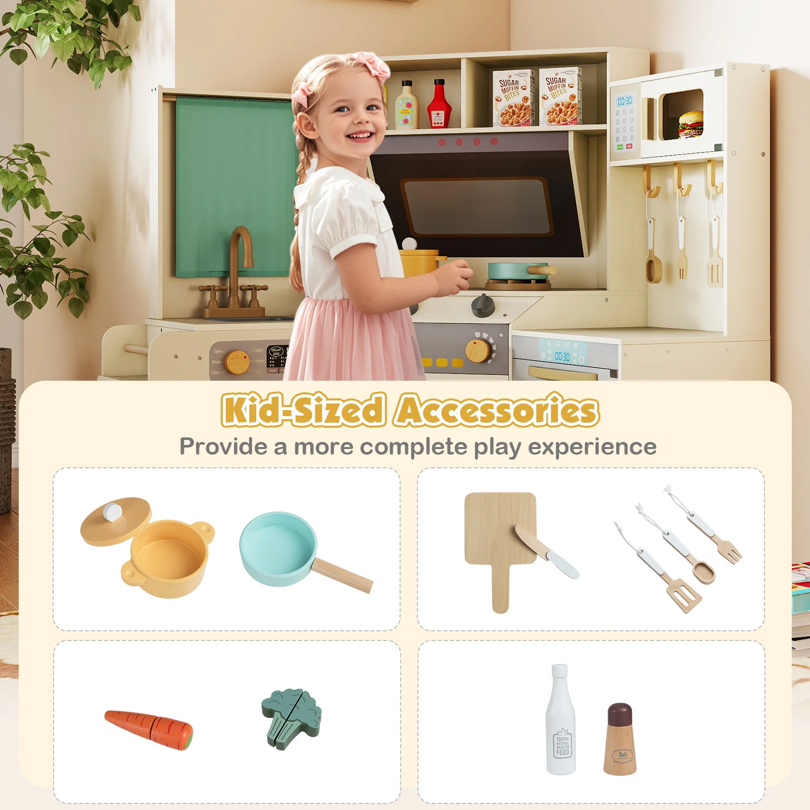 Corner Kitchen Toys With Lights, Sounds, Pull-Out Trash Can, Stoves, Off White - Image 10