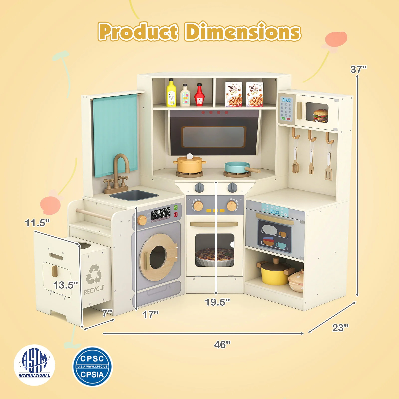 Corner Kitchen Toys With Lights, Sounds, Pull-Out Trash Can, Stoves, Off White - Image 5