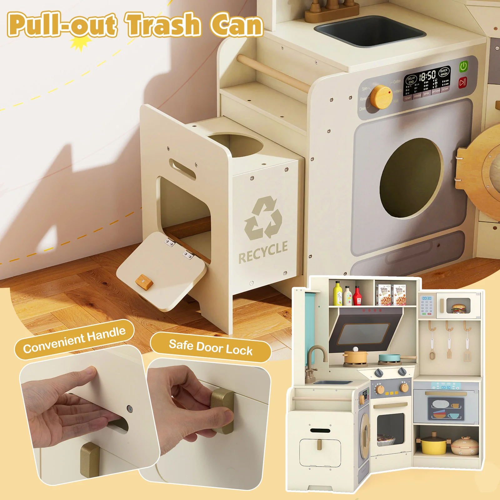Corner Kitchen Toys With Lights, Sounds, Pull-Out Trash Can, Stoves, Off White - Image 7
