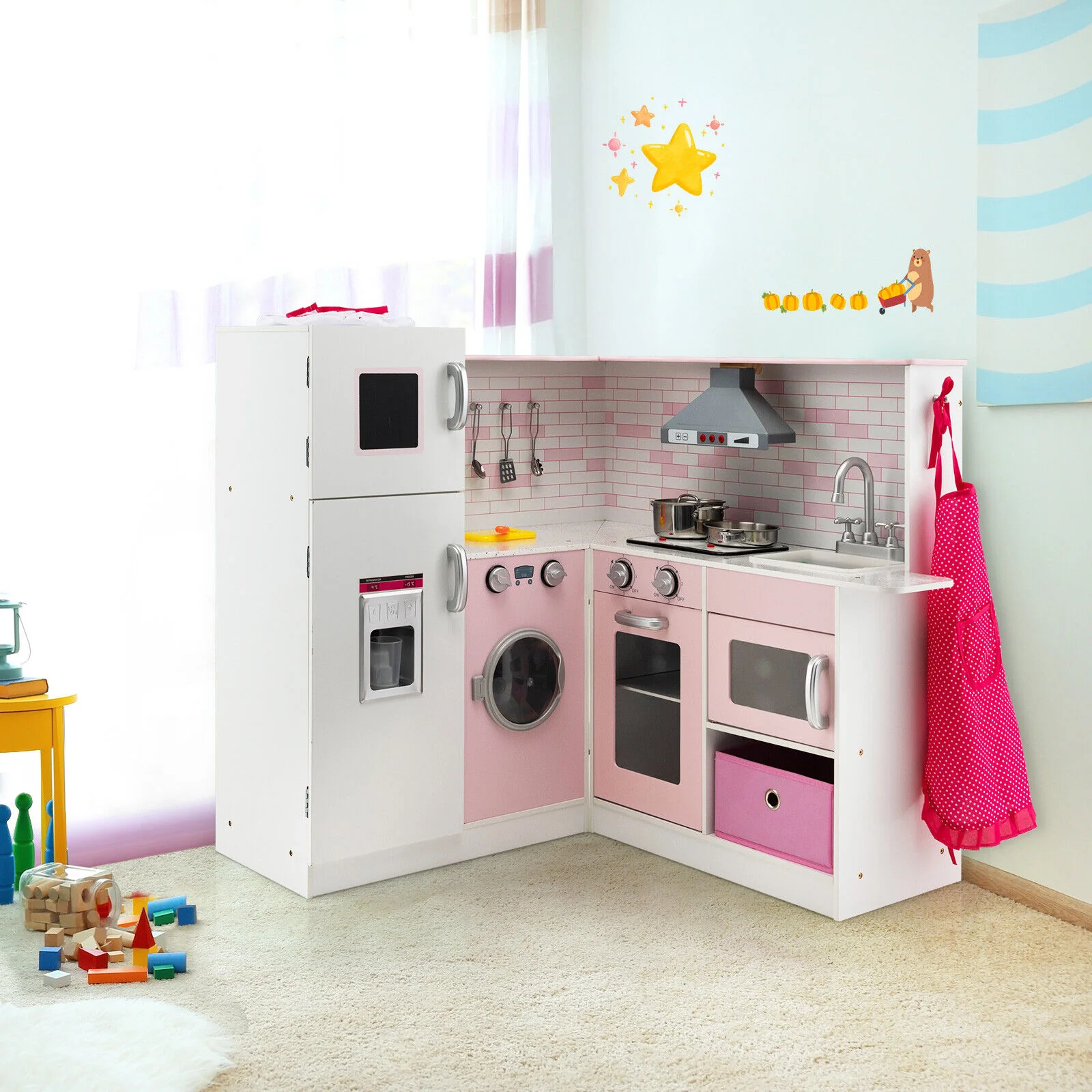 Corner Play Kitchen Wooden Toy Set, Pink - Image 3