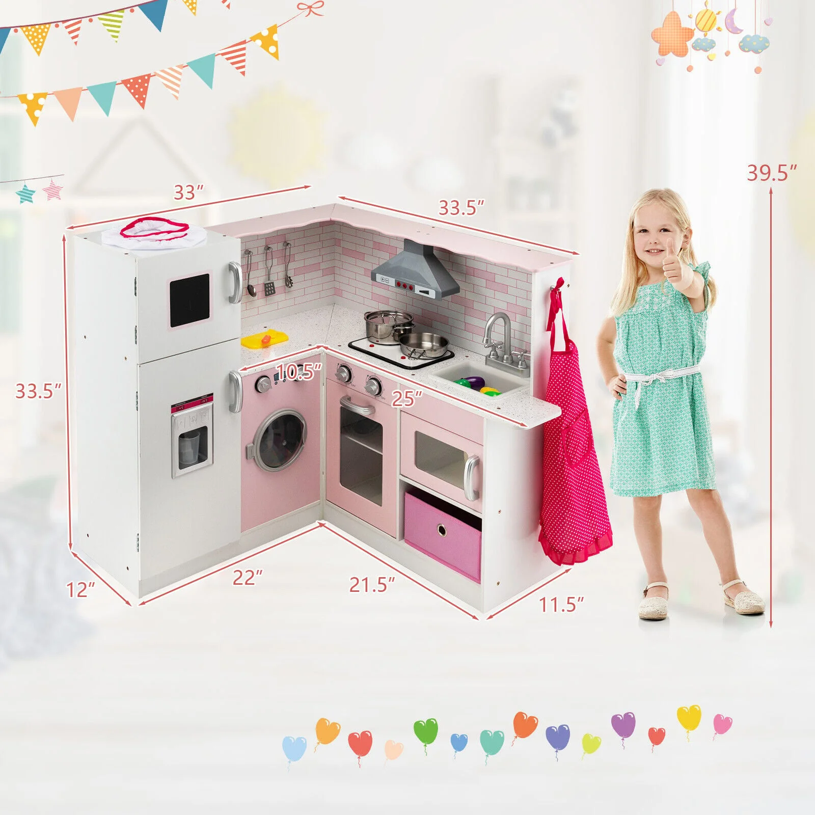 Corner Play Kitchen Wooden Toy Set, Pink - Image 5