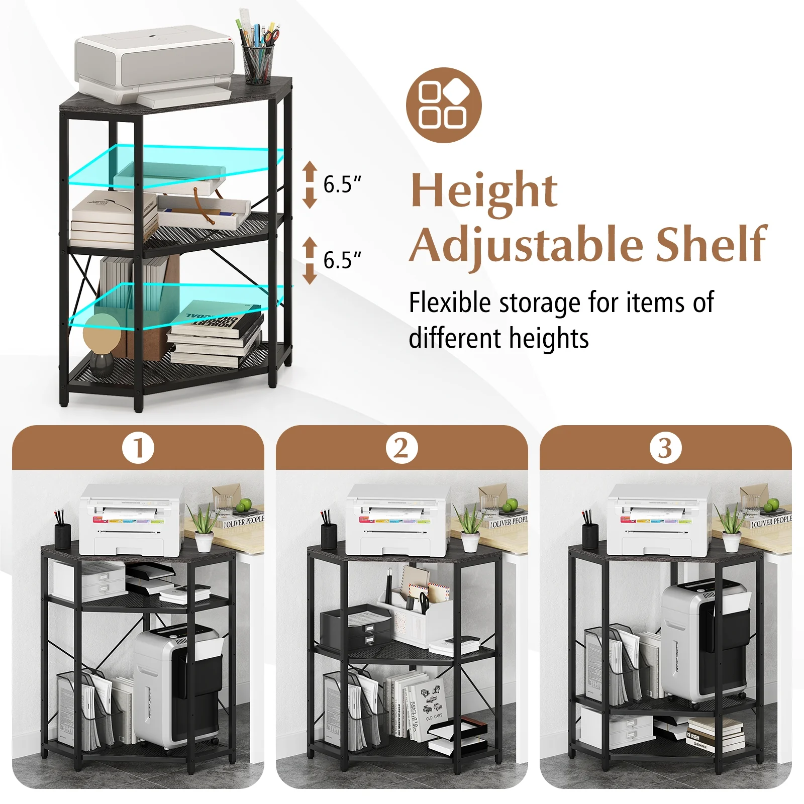 Corner Printer Stand, 3-Tier Storage Rack, Adjustable Shelf, Black - Image 10