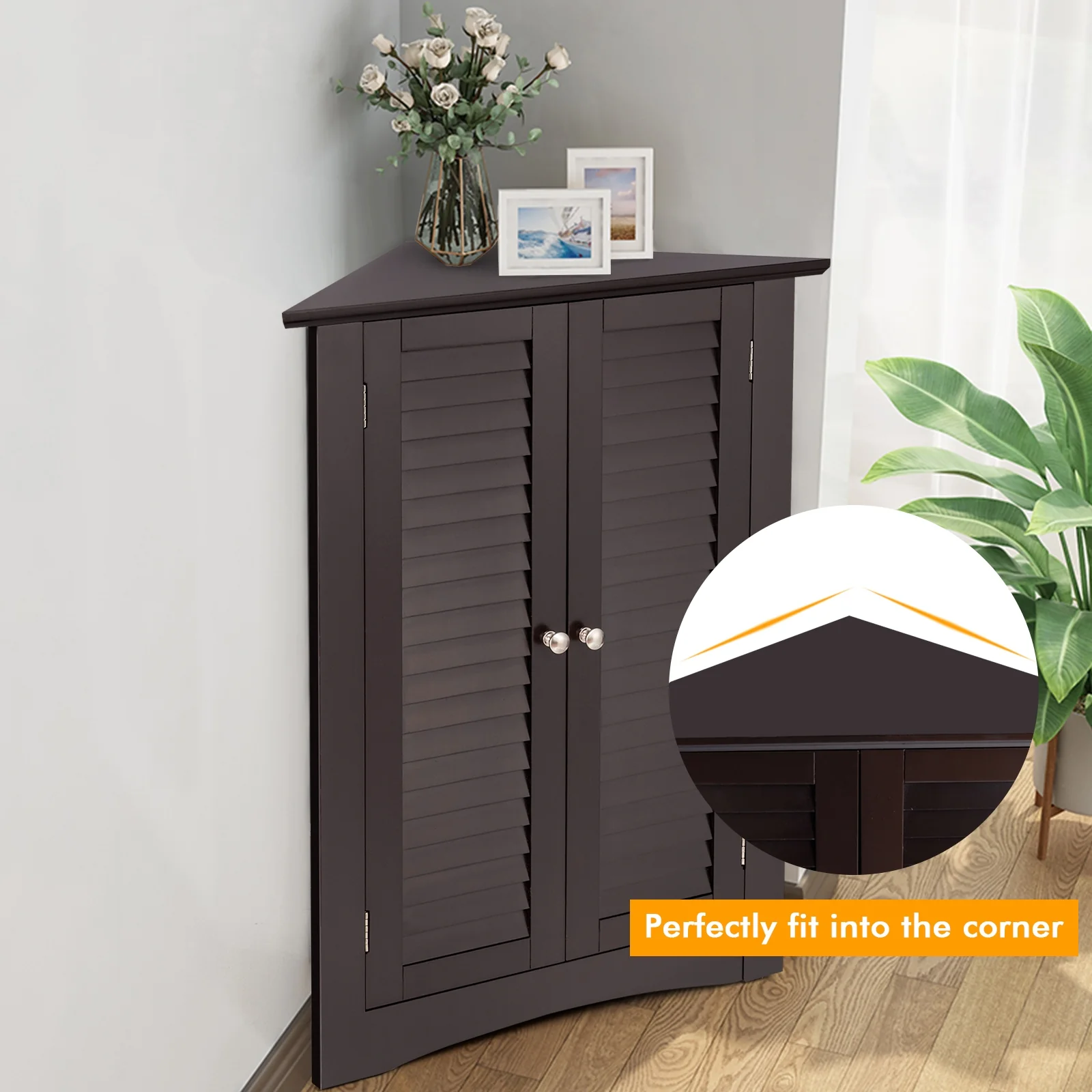 Corner Storage Cabinet, Freestanding Floor, Shutter Door, Brown - Image 10