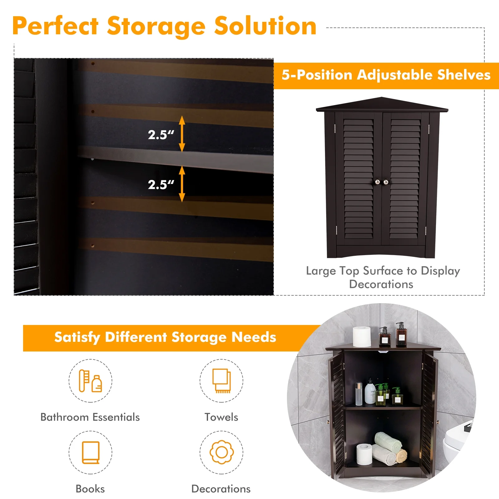 Corner Storage Cabinet, Freestanding Floor, Shutter Door, Brown - Image 3