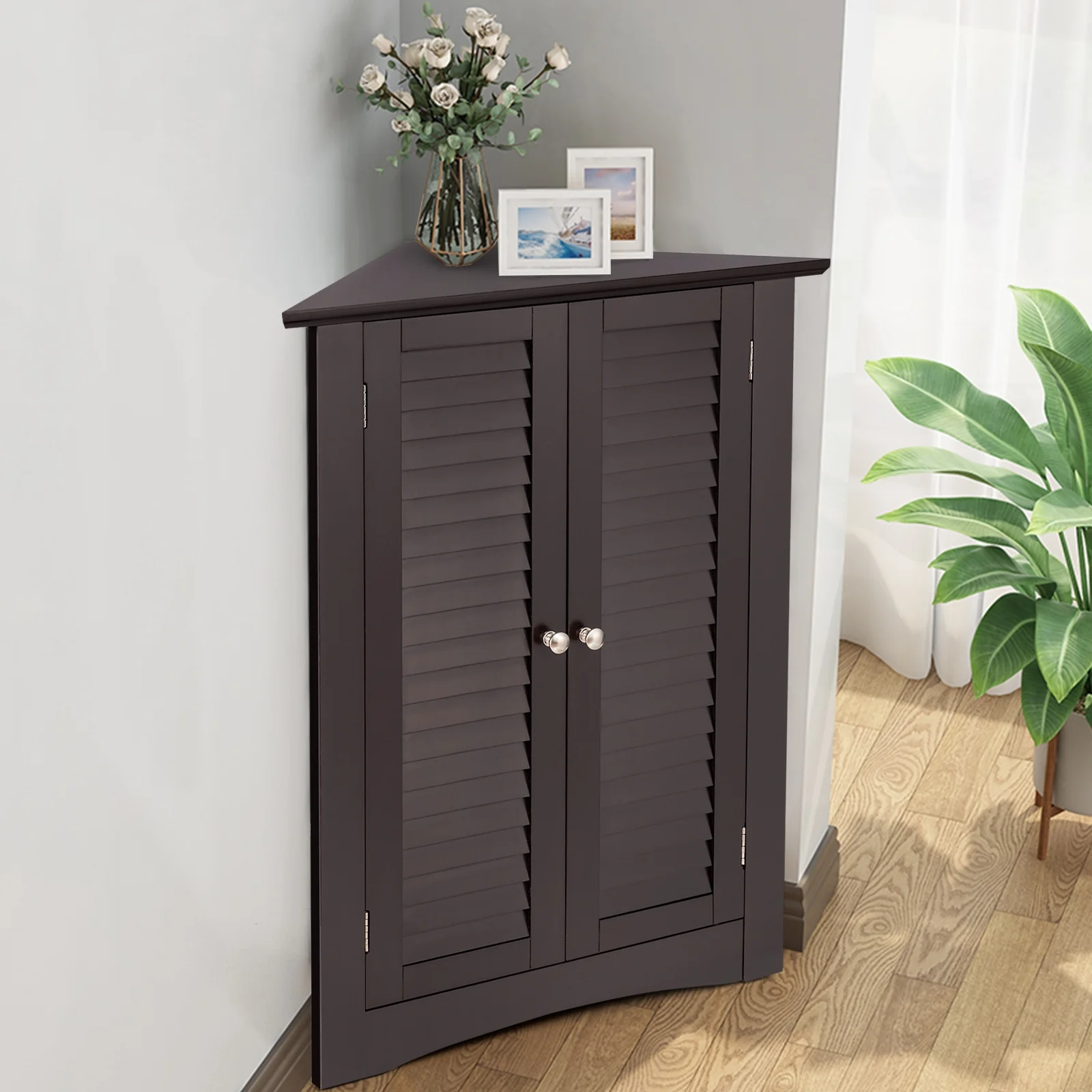 Corner Storage Cabinet, Freestanding Floor, Shutter Door, Brown - Image 7