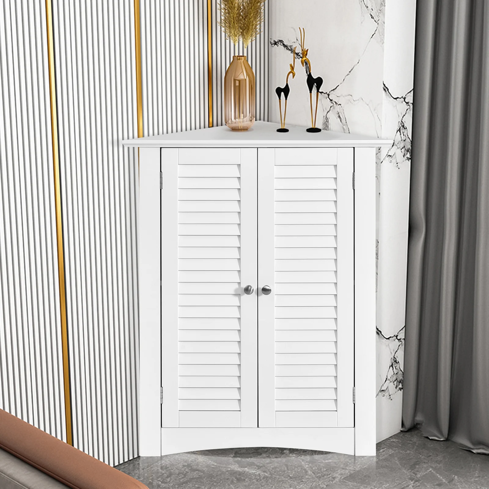 Corner Storage Cabinet, Freestanding Floor, Shutter Door, White - Image 2