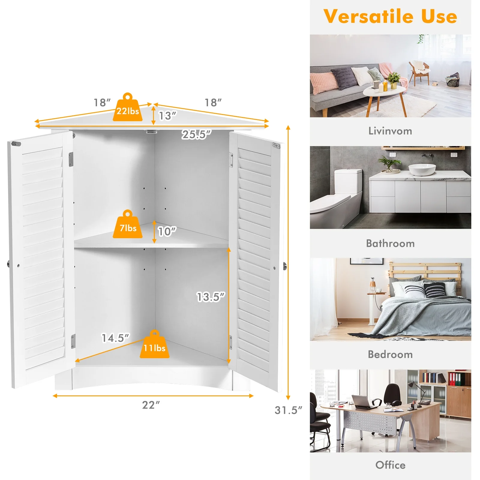 Corner Storage Cabinet, Freestanding Floor, Shutter Door, White - Image 5