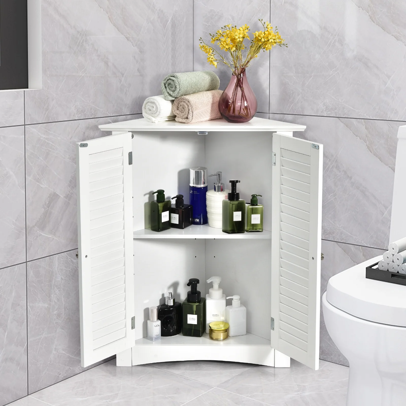 Corner Storage Cabinet, Freestanding Floor, Shutter Door, White - Image 8