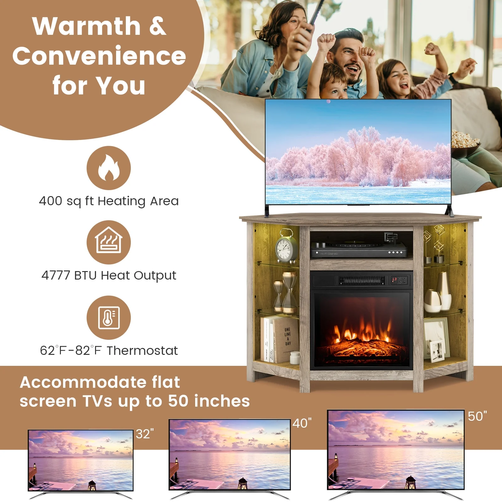 Corner TV Stand With LED Lights, Smart App Control, 50 Inches, Gray - Image 10