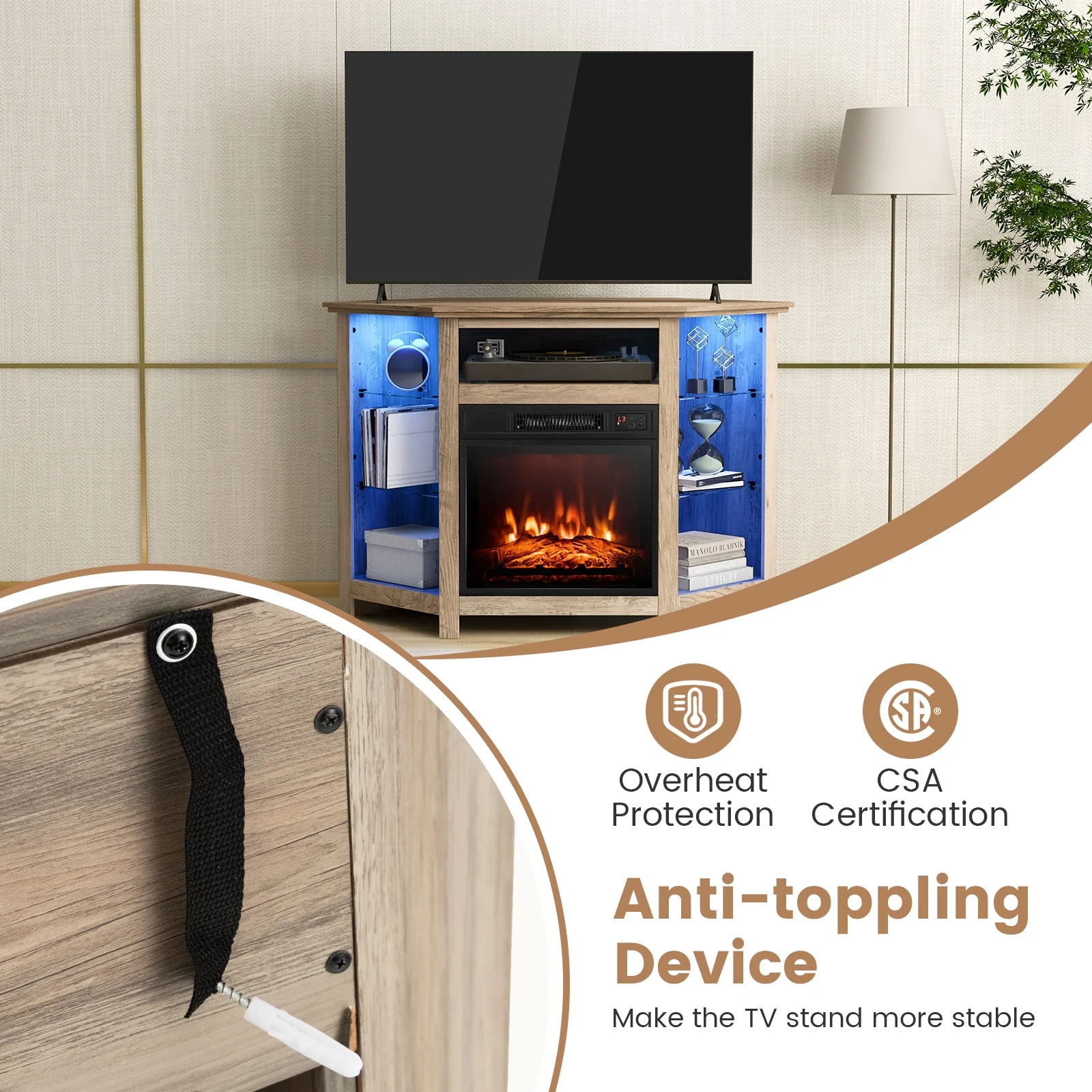 Corner TV Stand With LED Lights, Smart App Control, 50 Inches, Gray - Image 8