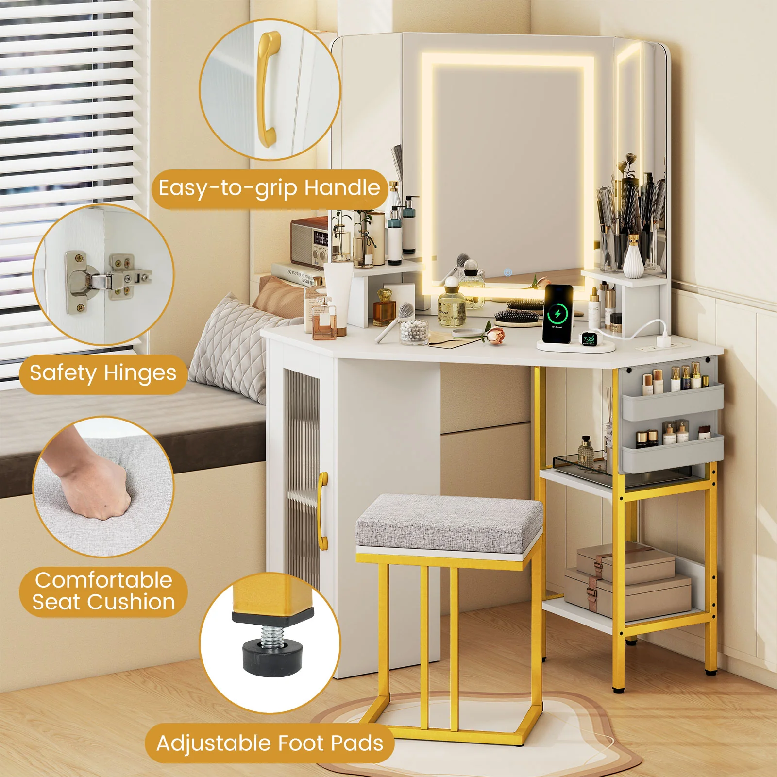 Corner Vanity Desk With Mirror And Lights, White - Image 10
