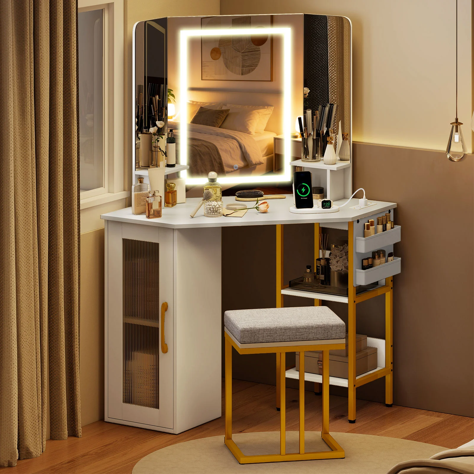 Corner Vanity Desk With Mirror And Lights, White - Image 3