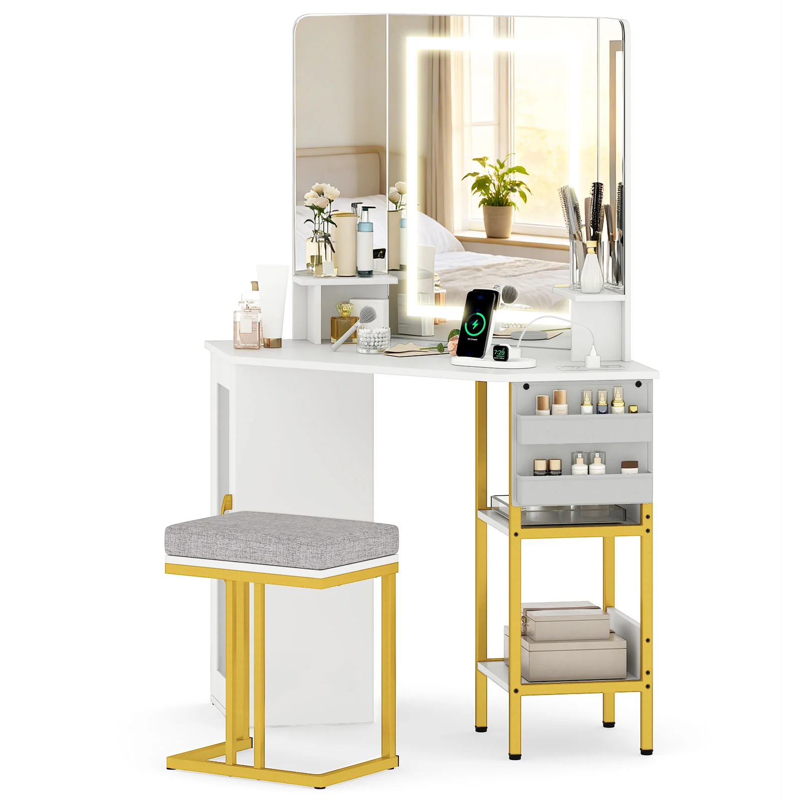Corner Vanity Desk With Mirror And Lights, White - Image 4