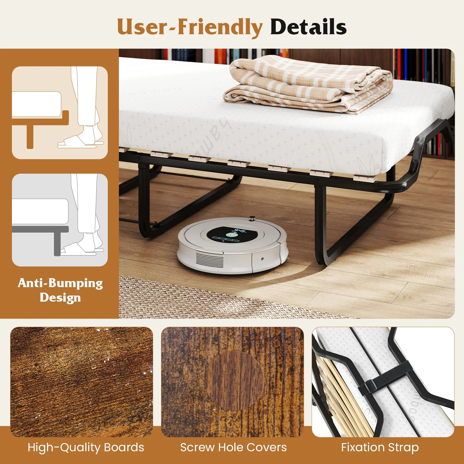 Cot Size Murphy Bed, Foldable, Lockable Wheels, Rustic Brown - Image 10