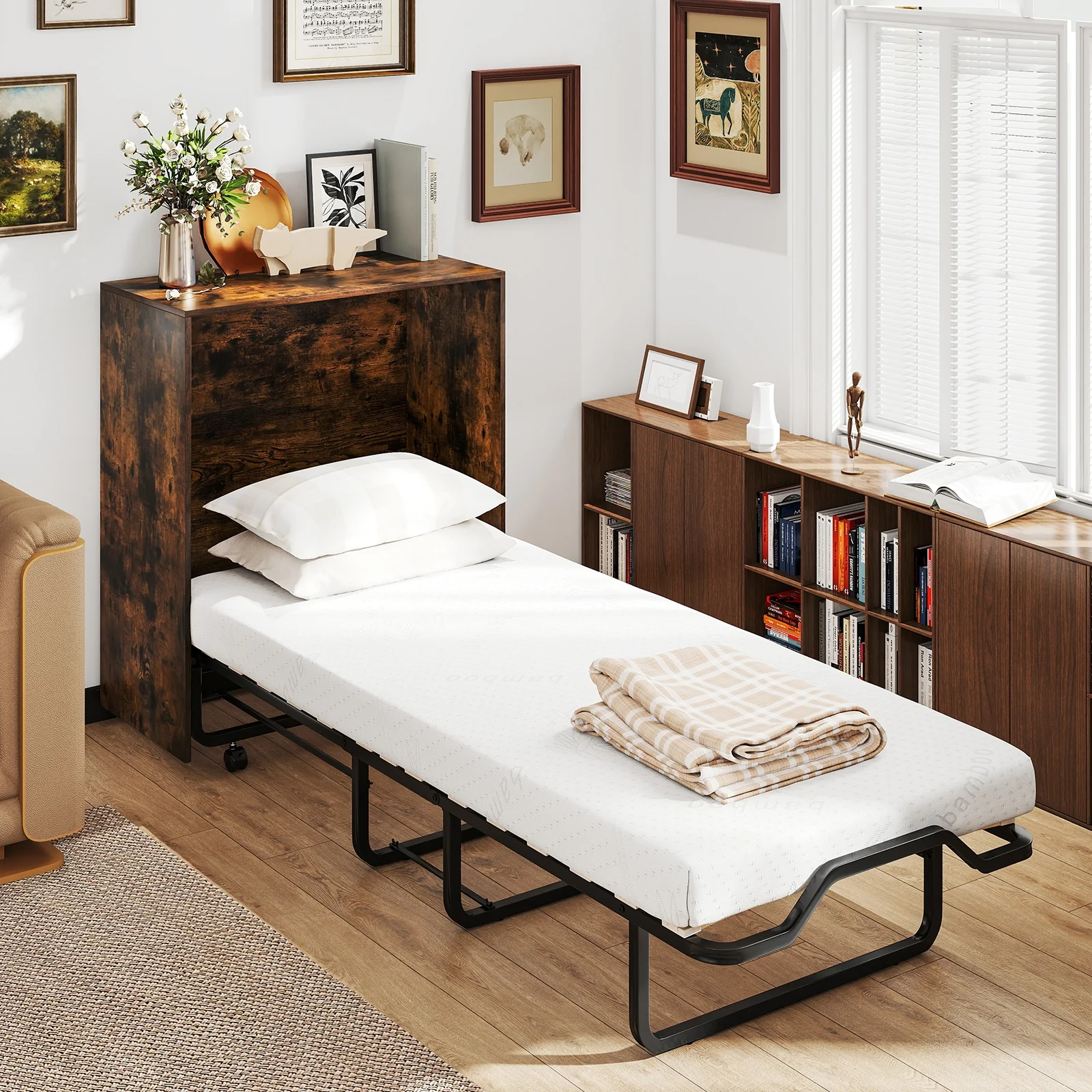 Cot Size Murphy Bed, Foldable, Lockable Wheels, Rustic Brown - Image 2