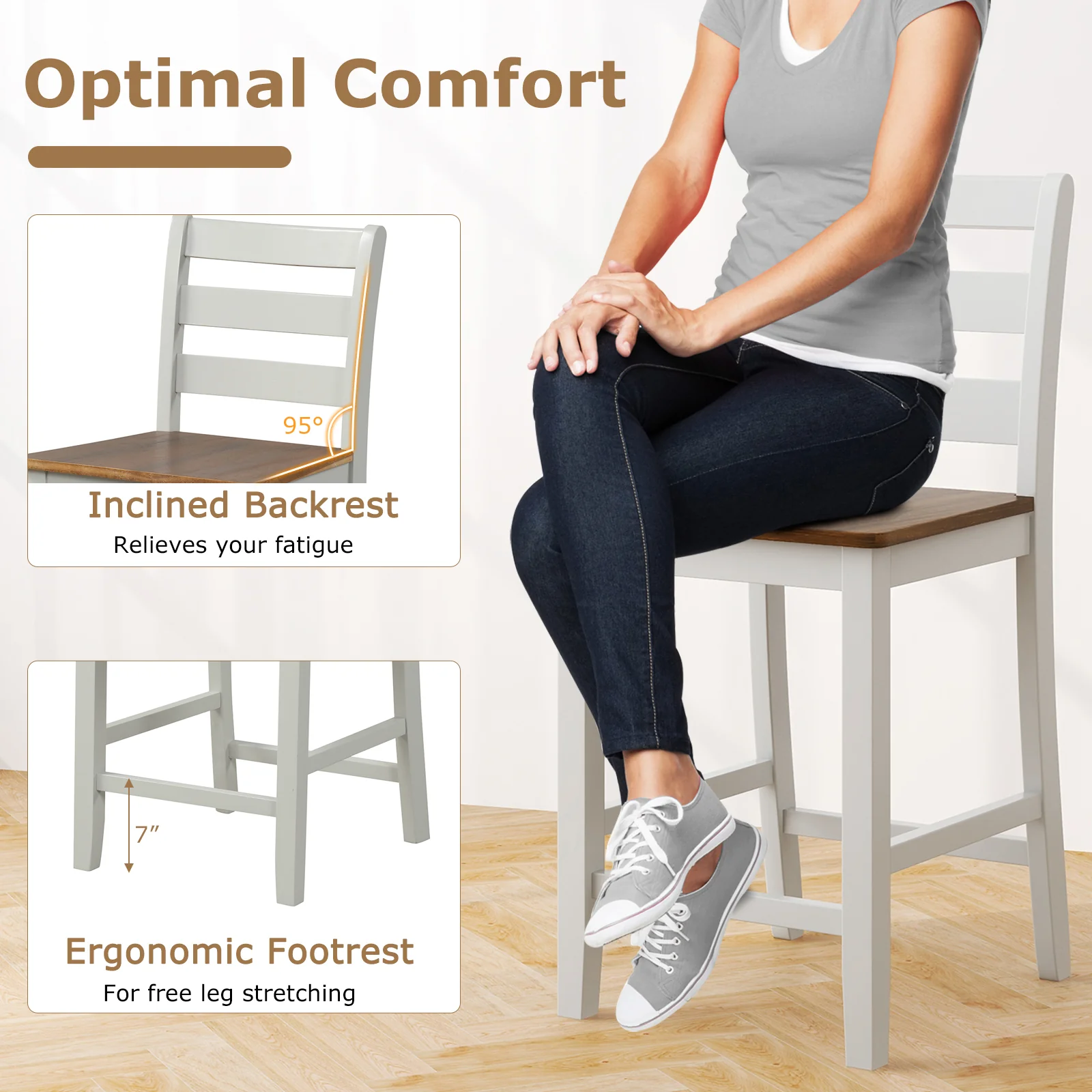 Counter Bar Stool Set, 2, Inclined Backrest, Footrest, Gray - Image 6