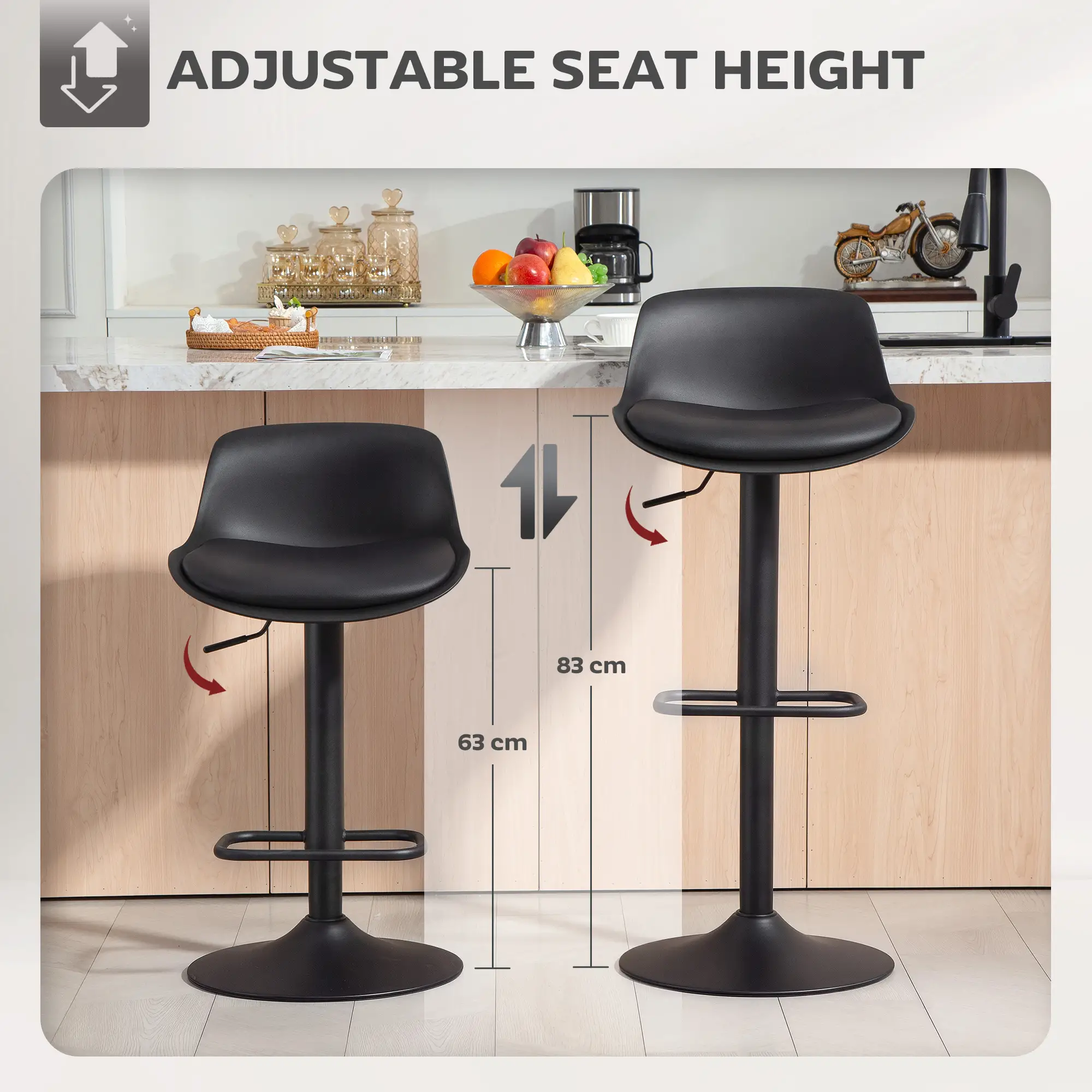 Counter Height Bar Stools Set of 2, Adjustable Swivel PU Leather Seat, Black - Image 4