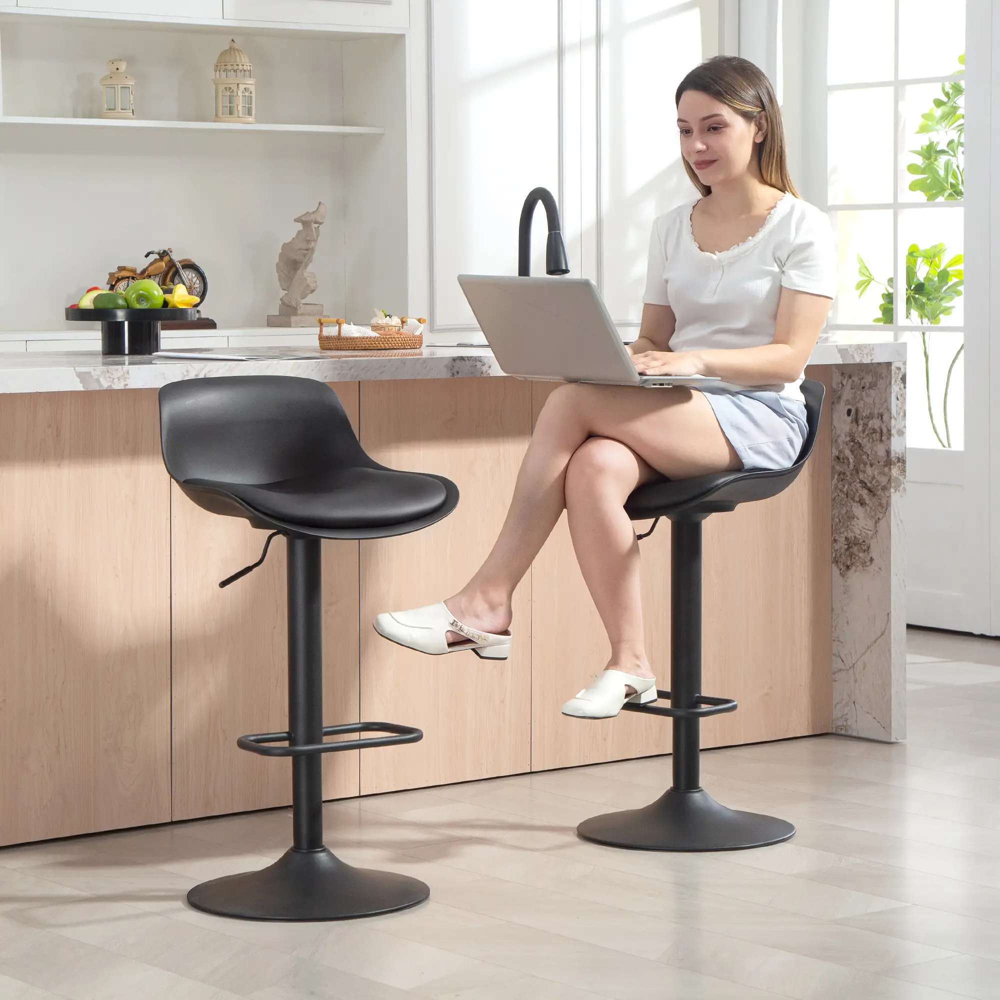 Counter Height Bar Stools Set of 2, Adjustable Swivel PU Leather Seat, Black - Image 9