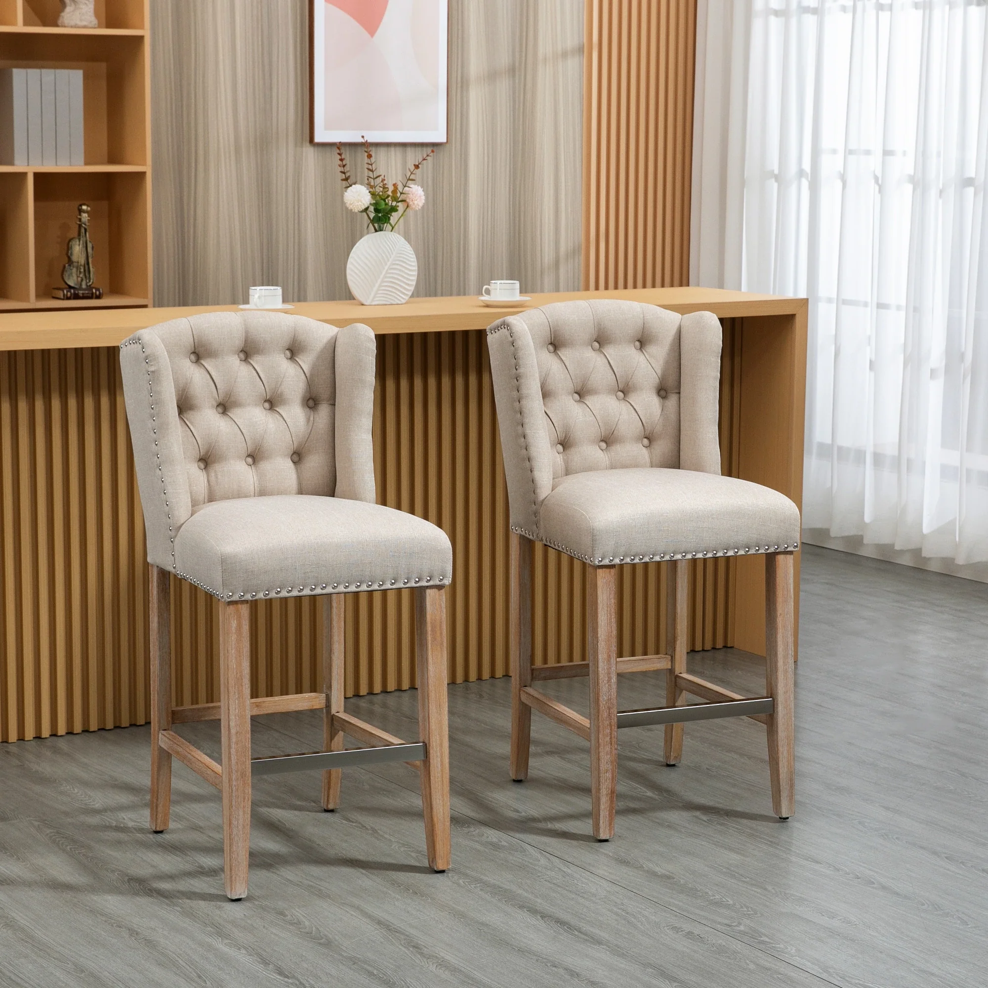 Counter Height Bar Stools Set of 2, Upholstered, Beige - Image 2