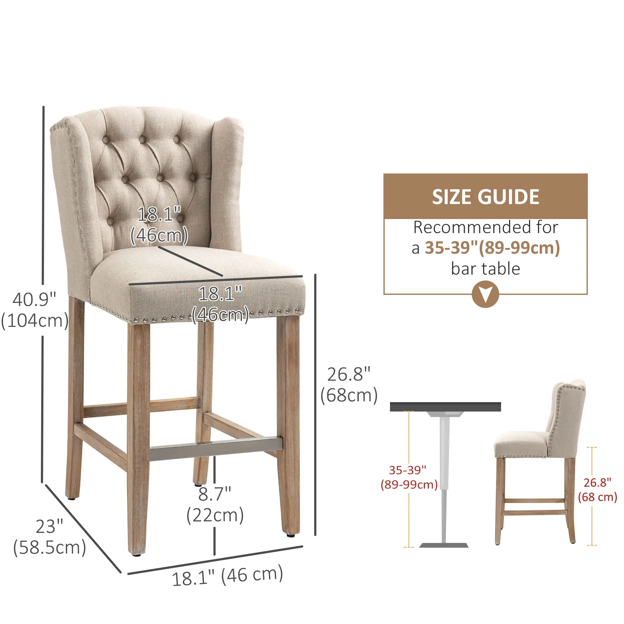 Counter Height Bar Stools Set of 2, Upholstered, Beige - Image 3