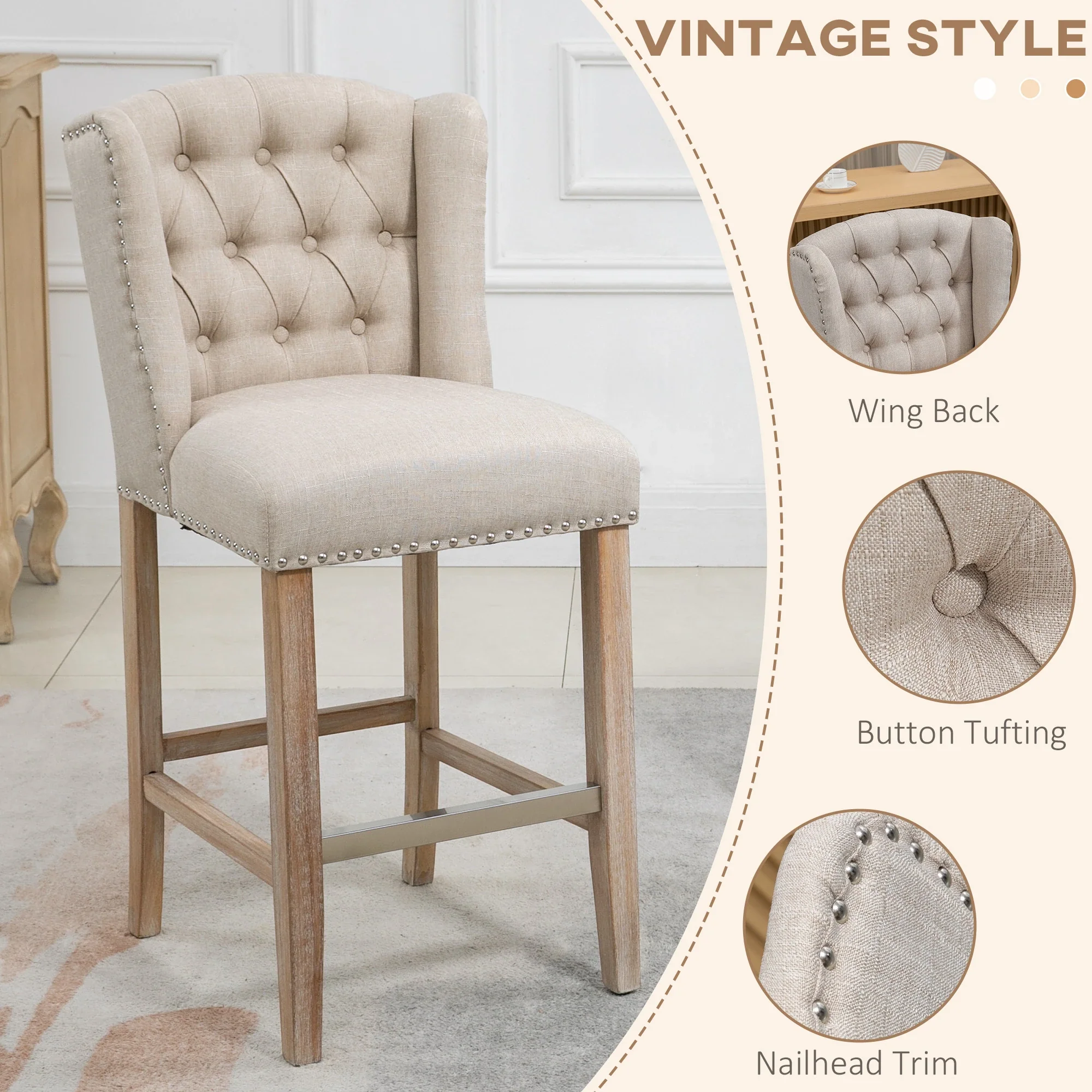 Counter Height Bar Stools Set of 2, Upholstered, Beige - Image 4