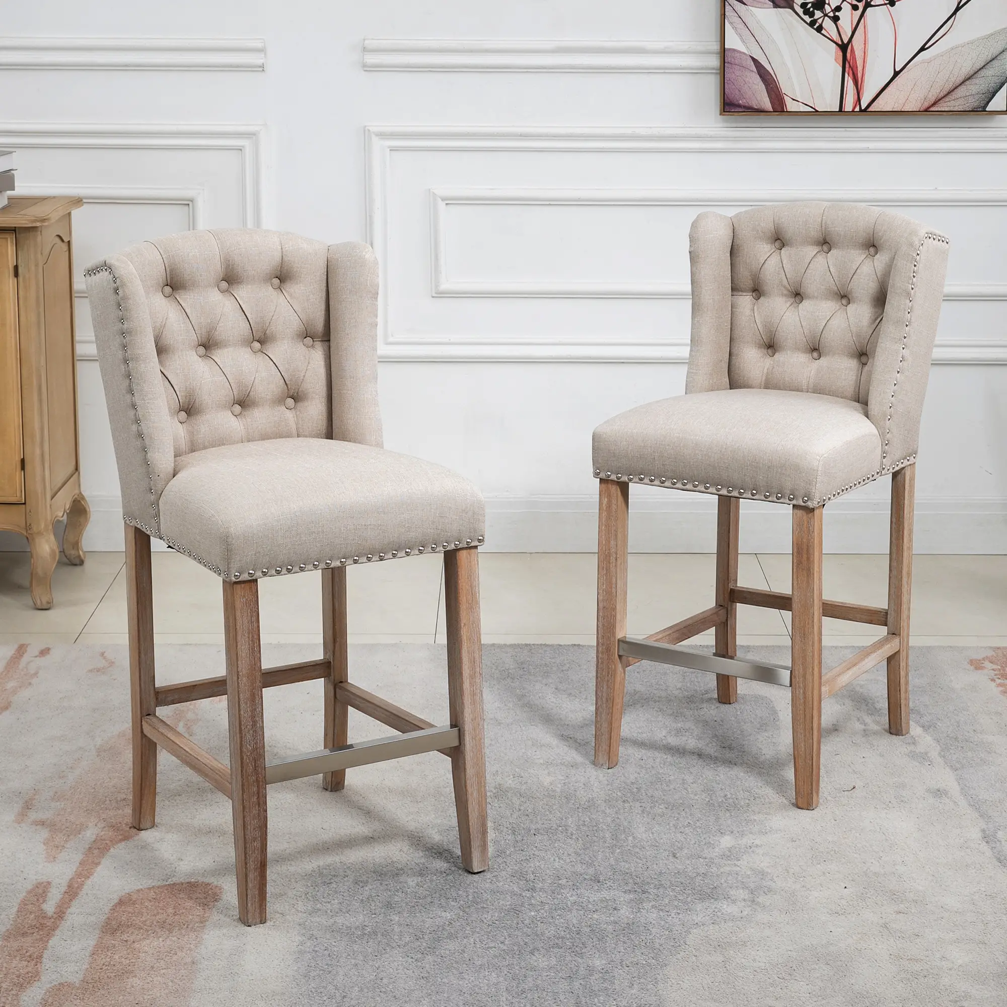 Counter Height Bar Stools Set of 2, Upholstered, Beige - Image 7
