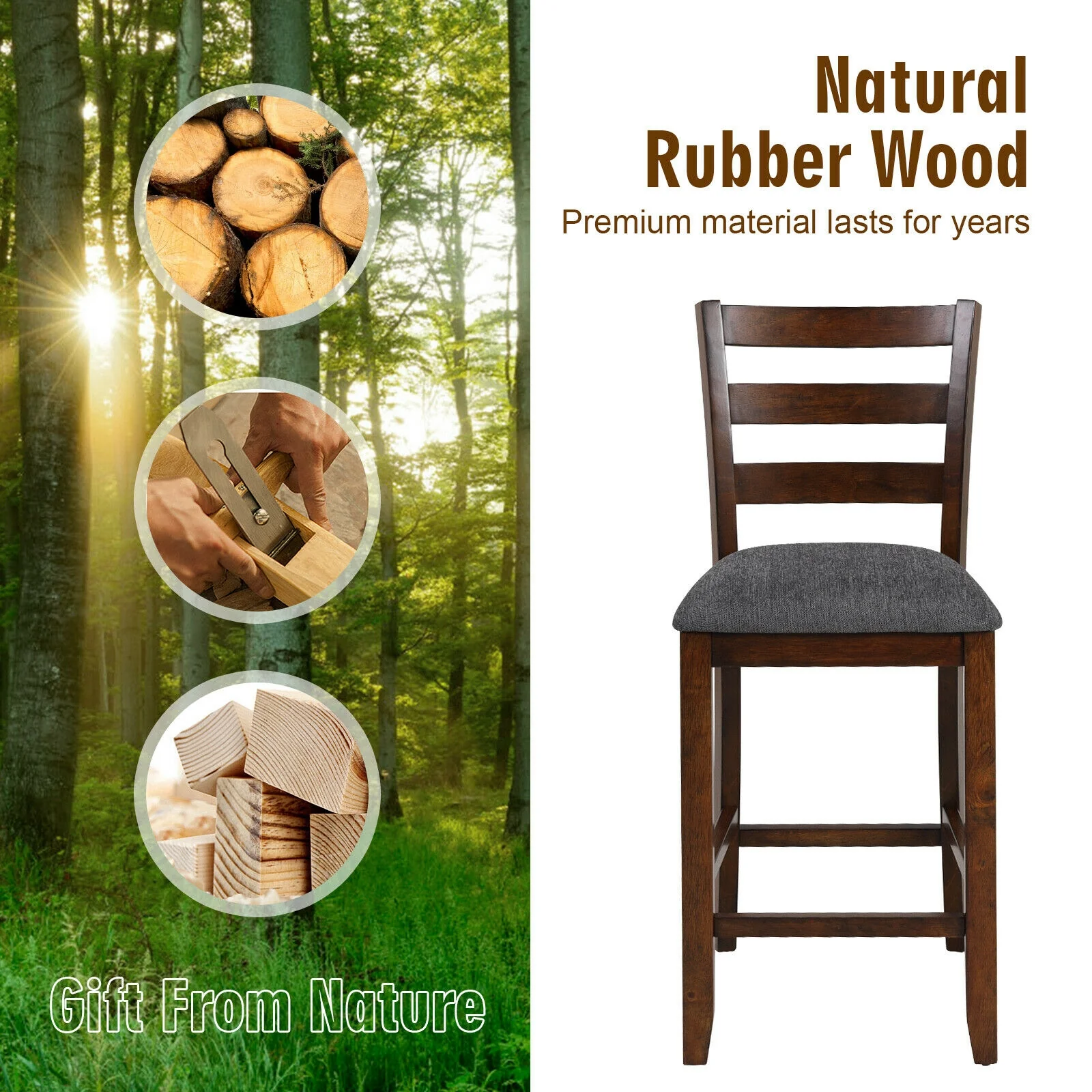 Counter Height Chairs, 2 Pieces, Fabric Seat, Rubber Wood Legs, Brown - Image 10