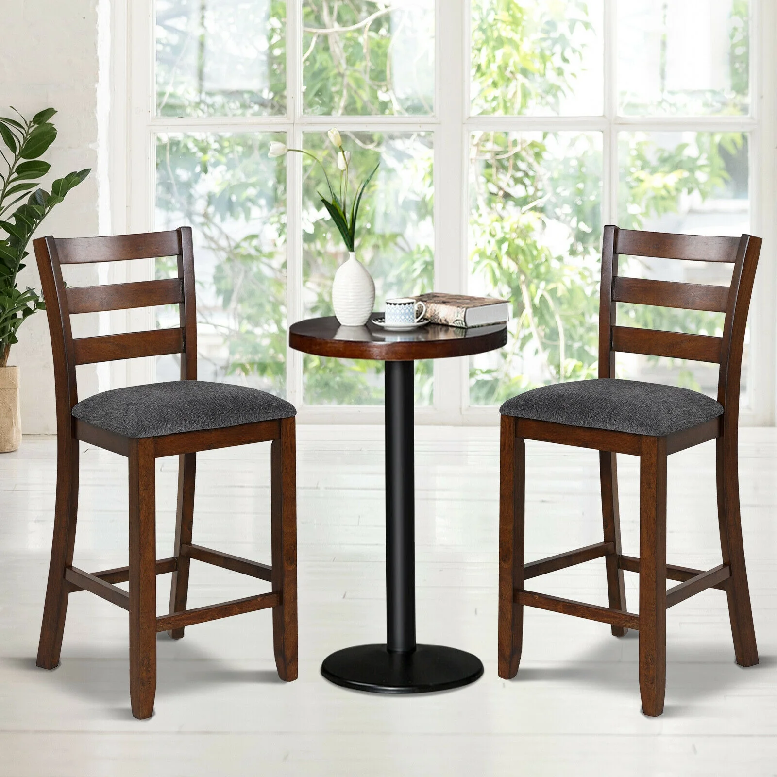 Counter Height Chairs, 2 Pieces, Fabric Seat, Rubber Wood Legs, Brown - Image 2