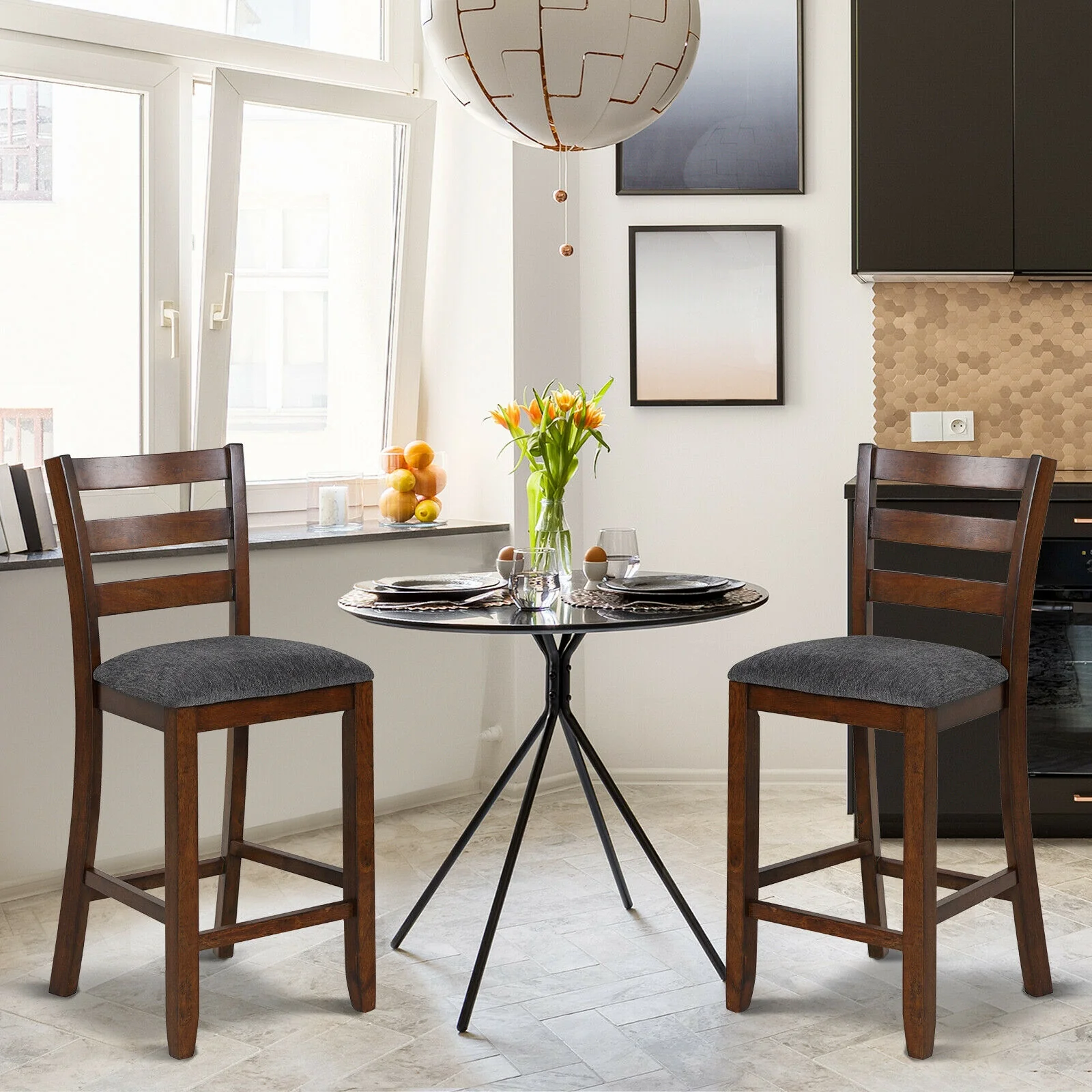 Counter Height Chairs, 2 Pieces, Fabric Seat, Rubber Wood Legs, Brown - Image 3