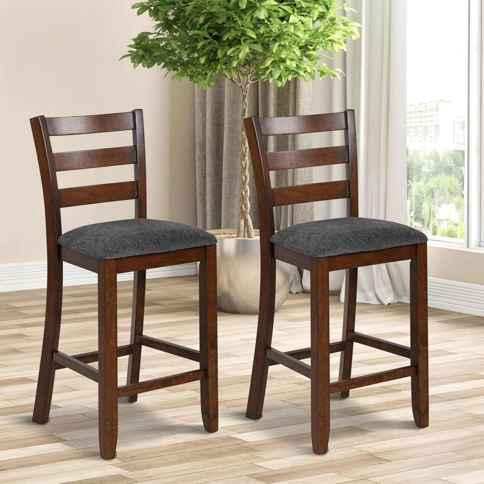 Counter Height Chairs, 2 Pieces, Fabric Seat, Rubber Wood Legs, Brown - Image 7