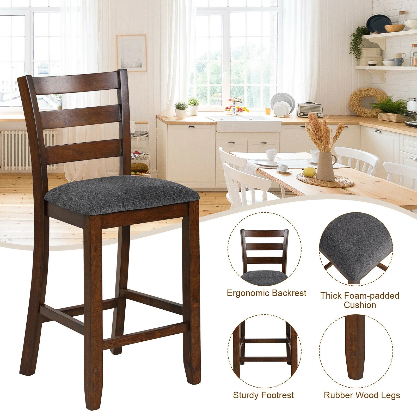 Counter Height Chairs, 2 Pieces, Fabric Seat, Rubber Wood Legs, Brown - Image 9