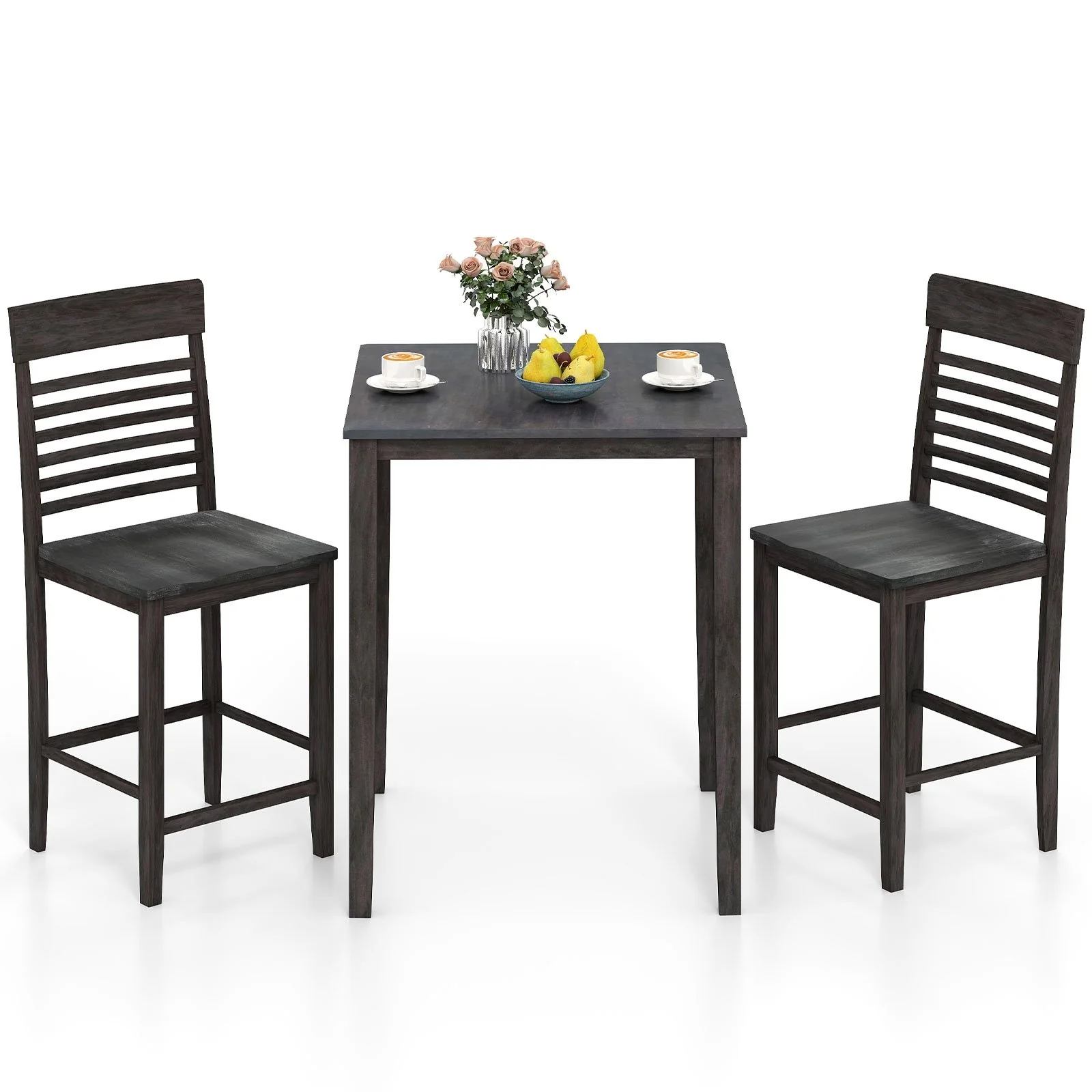 Counter-Height Dining Table Set, 3-Piece, Rubber Wood Frame, Gray