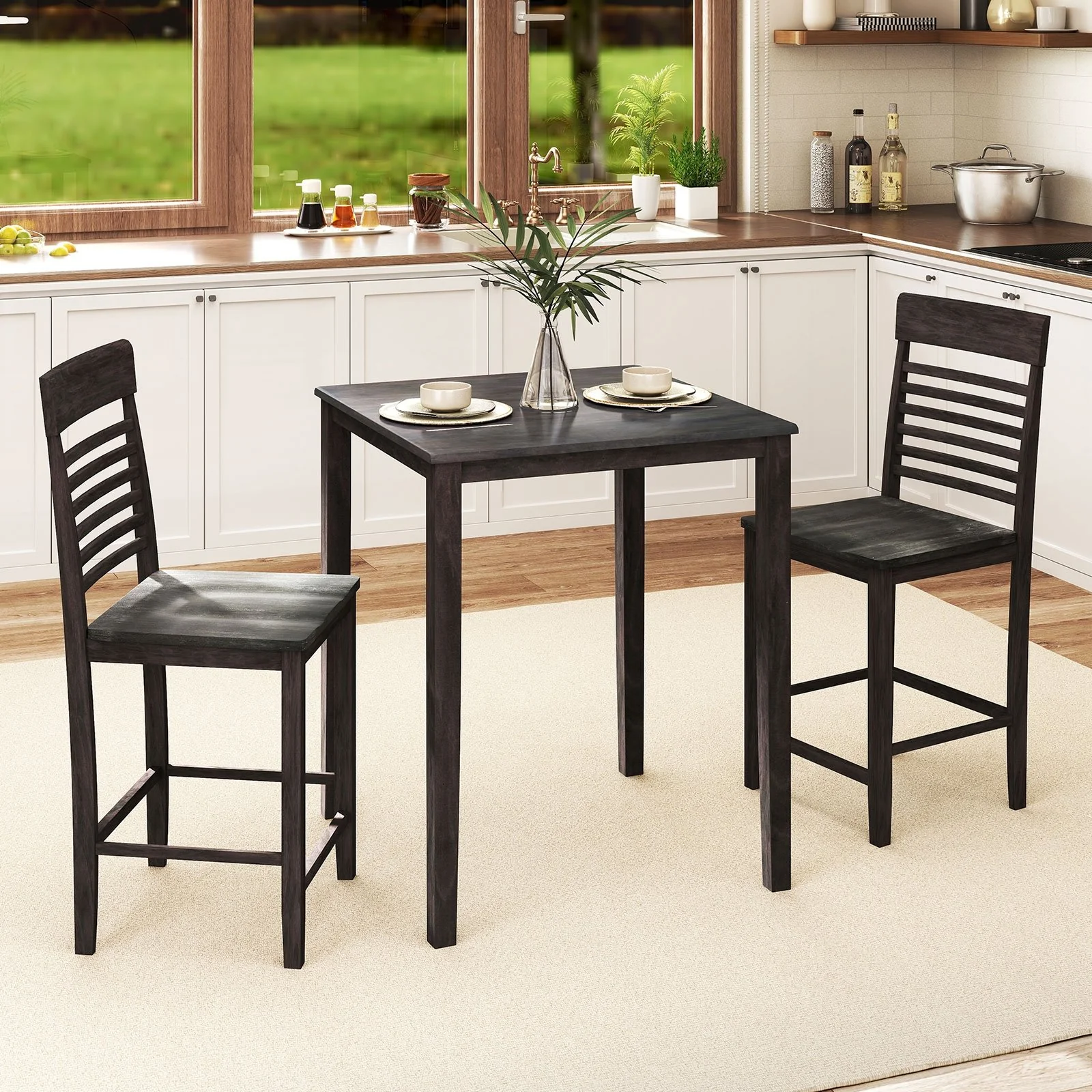 Counter-Height Dining Table Set, 3-Piece, Rubber Wood Frame, Gray - Image 2
